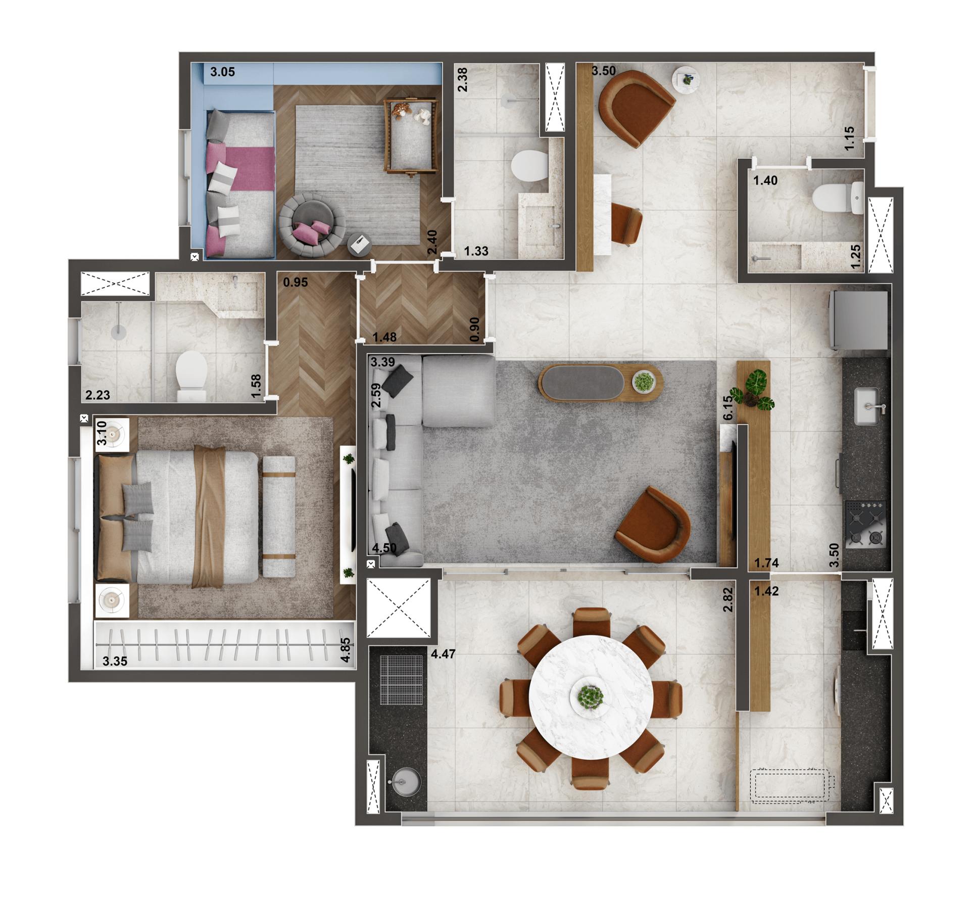 Planta Opção 84m² | 2 suítes
