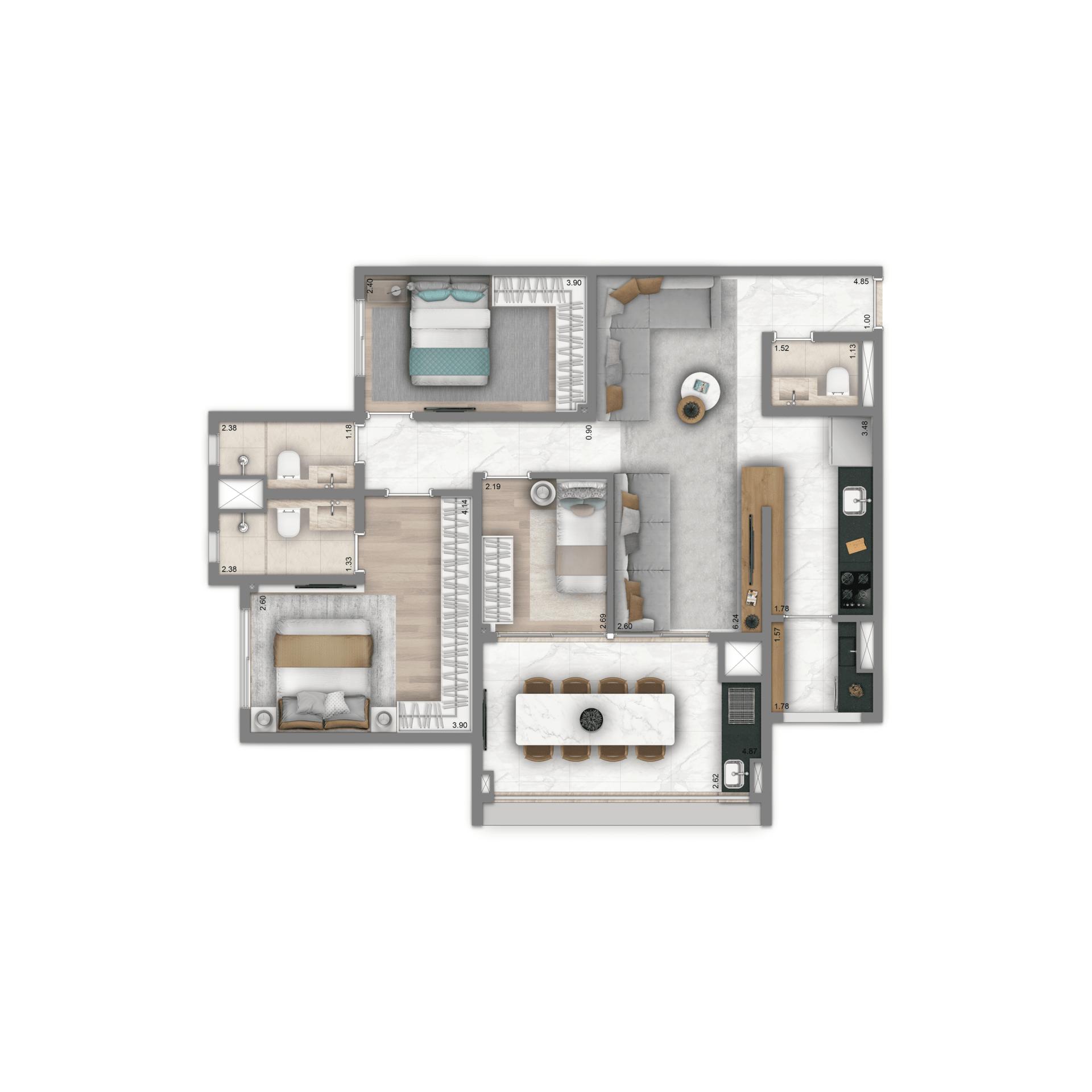 Planta Opção 92 m² | 3 dorms. | 1 suíte