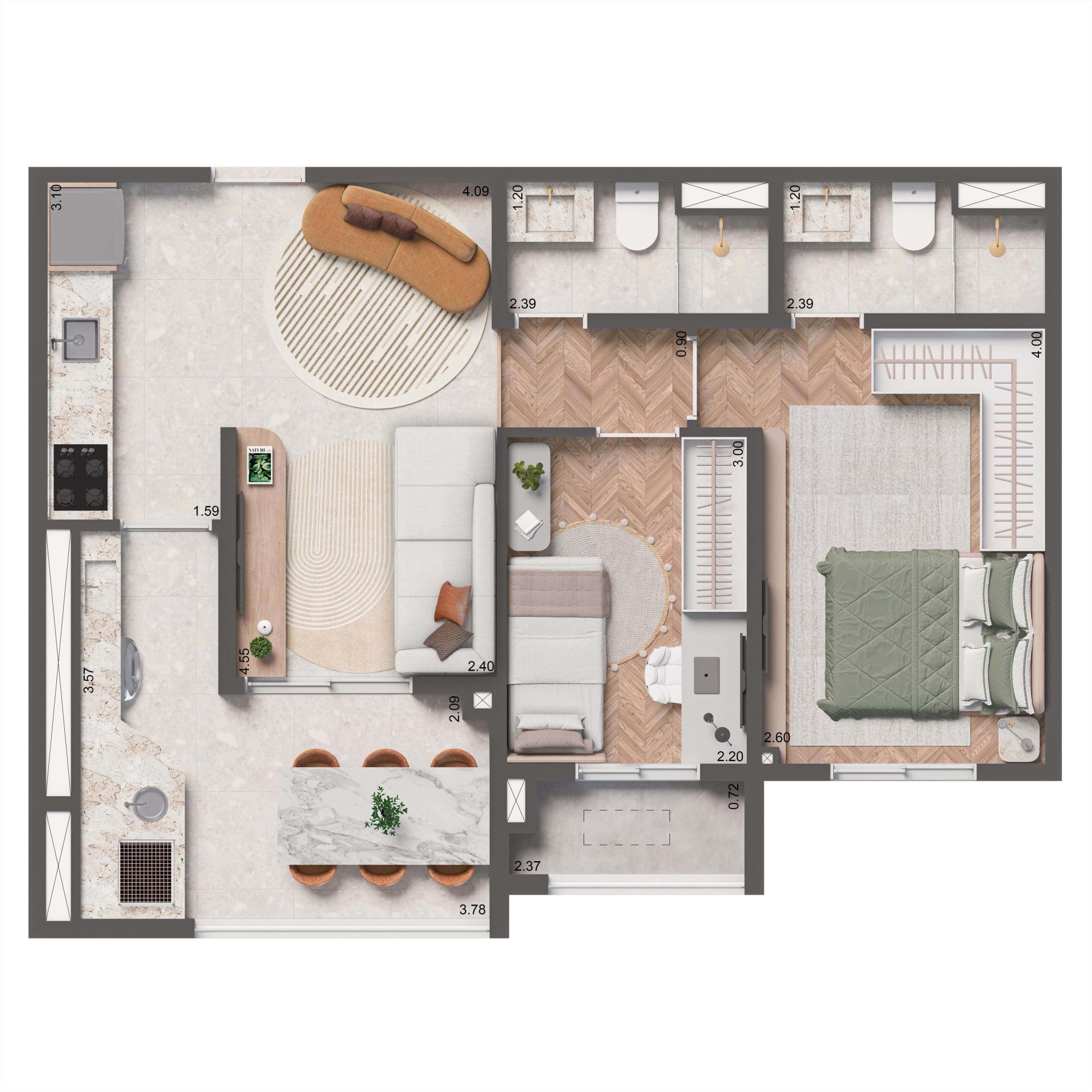 Planta 60m² | 2 dorms. | 1 suíte