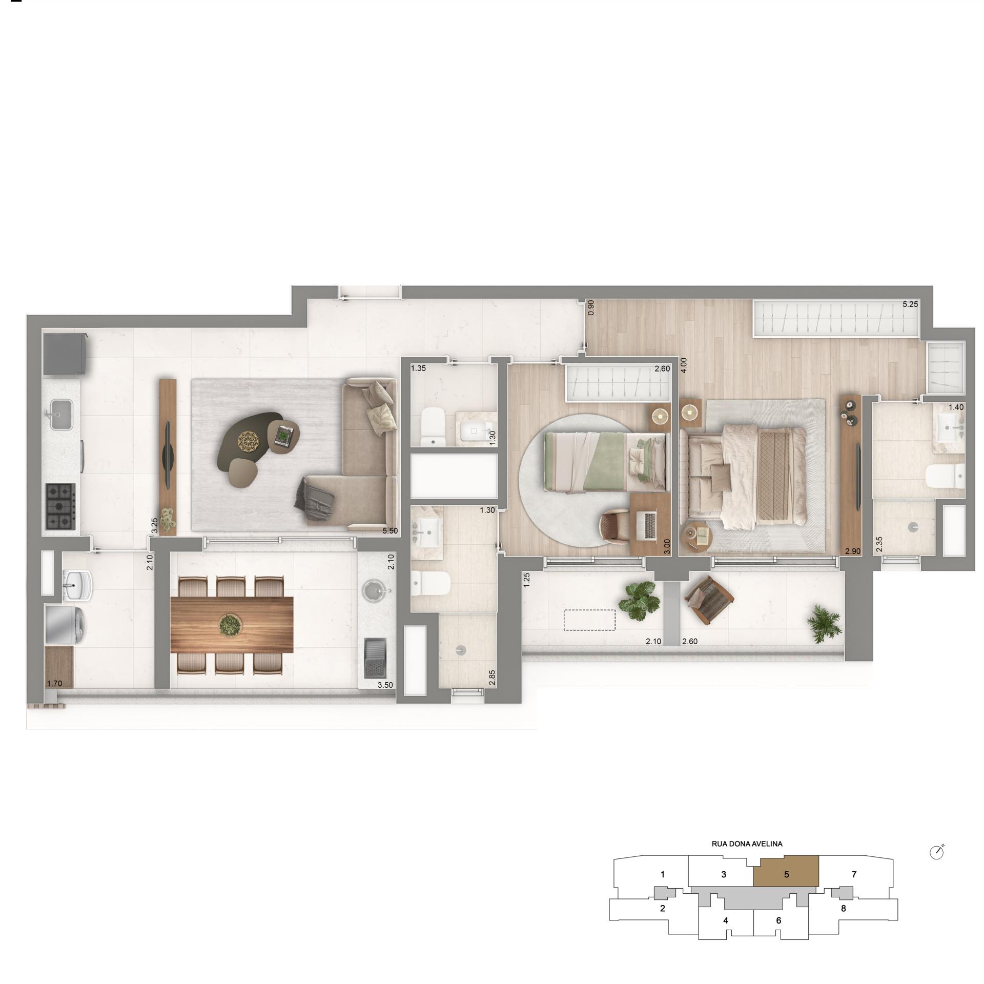 Planta Opção 2 Suítes + Cozinha Ampliada | 83m²