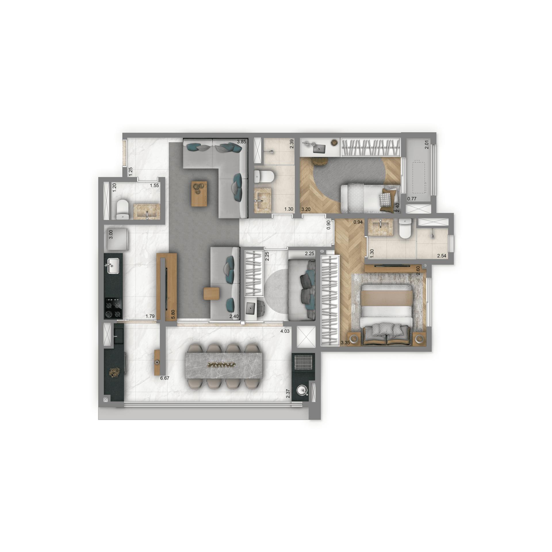 Planta Tipo 82 m² | 3 dorms. | 1 suíte