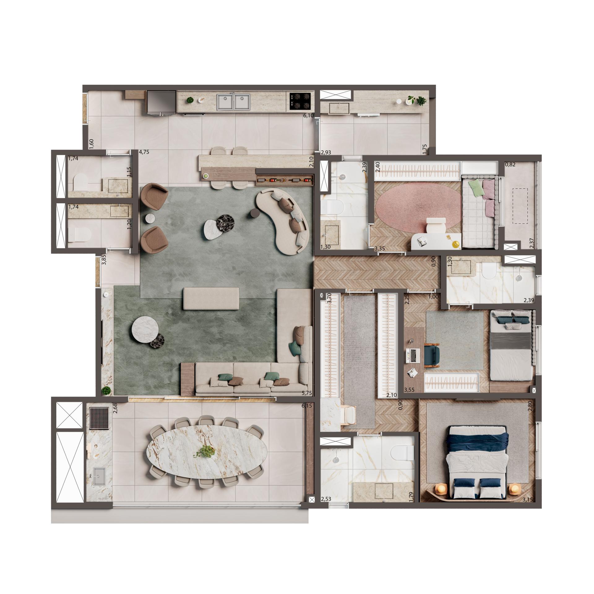 Planta Tipo Padrão 134M² | 3 suítes 