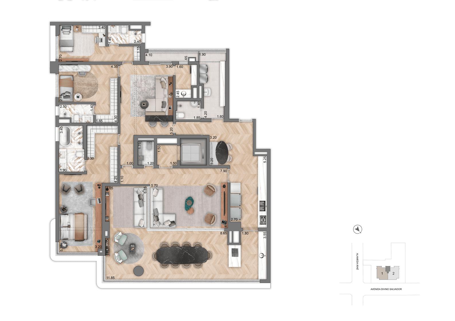 Planta Opção 1 251 m² | 3 Suítes