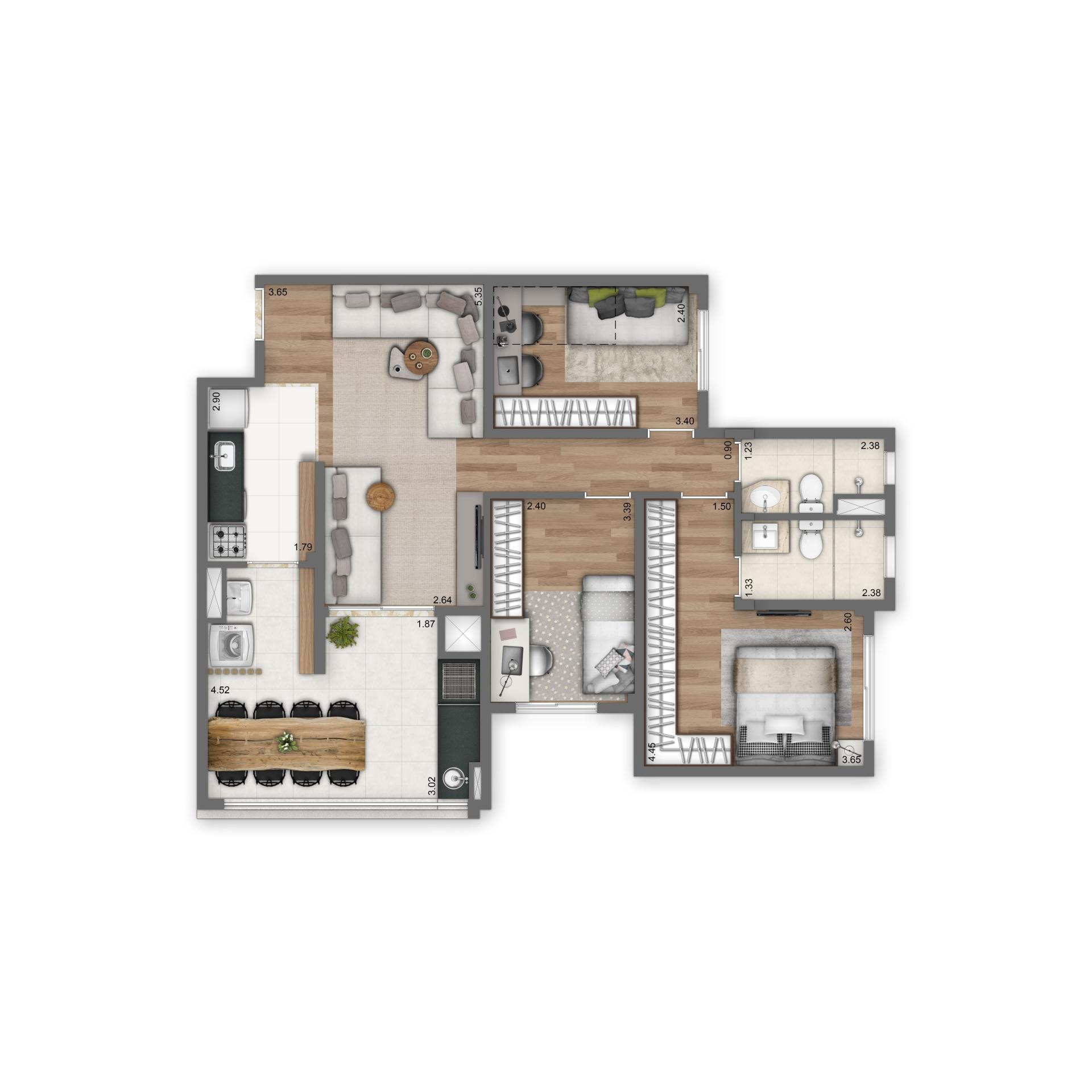 Planta Padrão 84m² | 3 dorms | 1 suíte