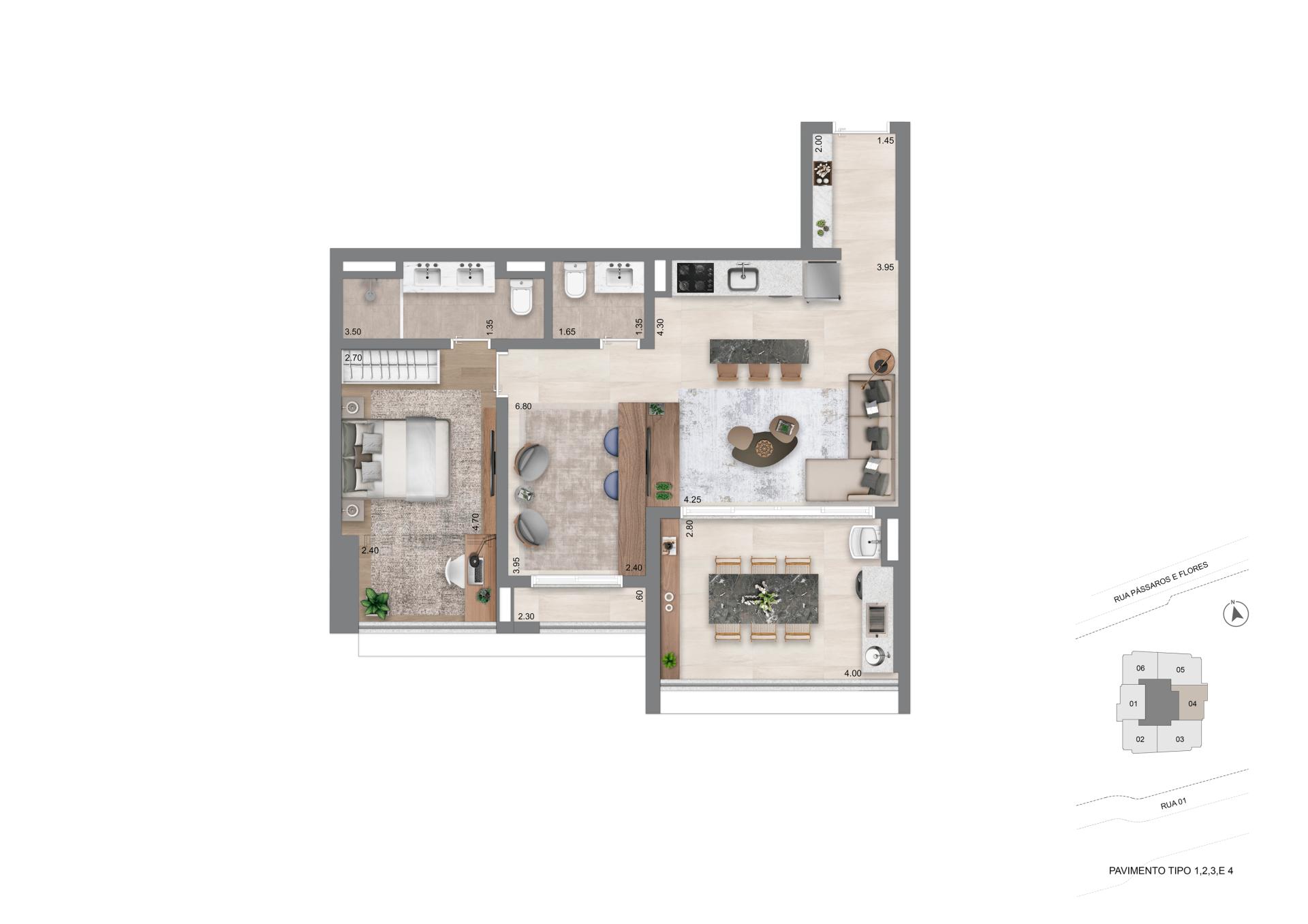 Planta Opção 74 m² l 1 Suíte Master