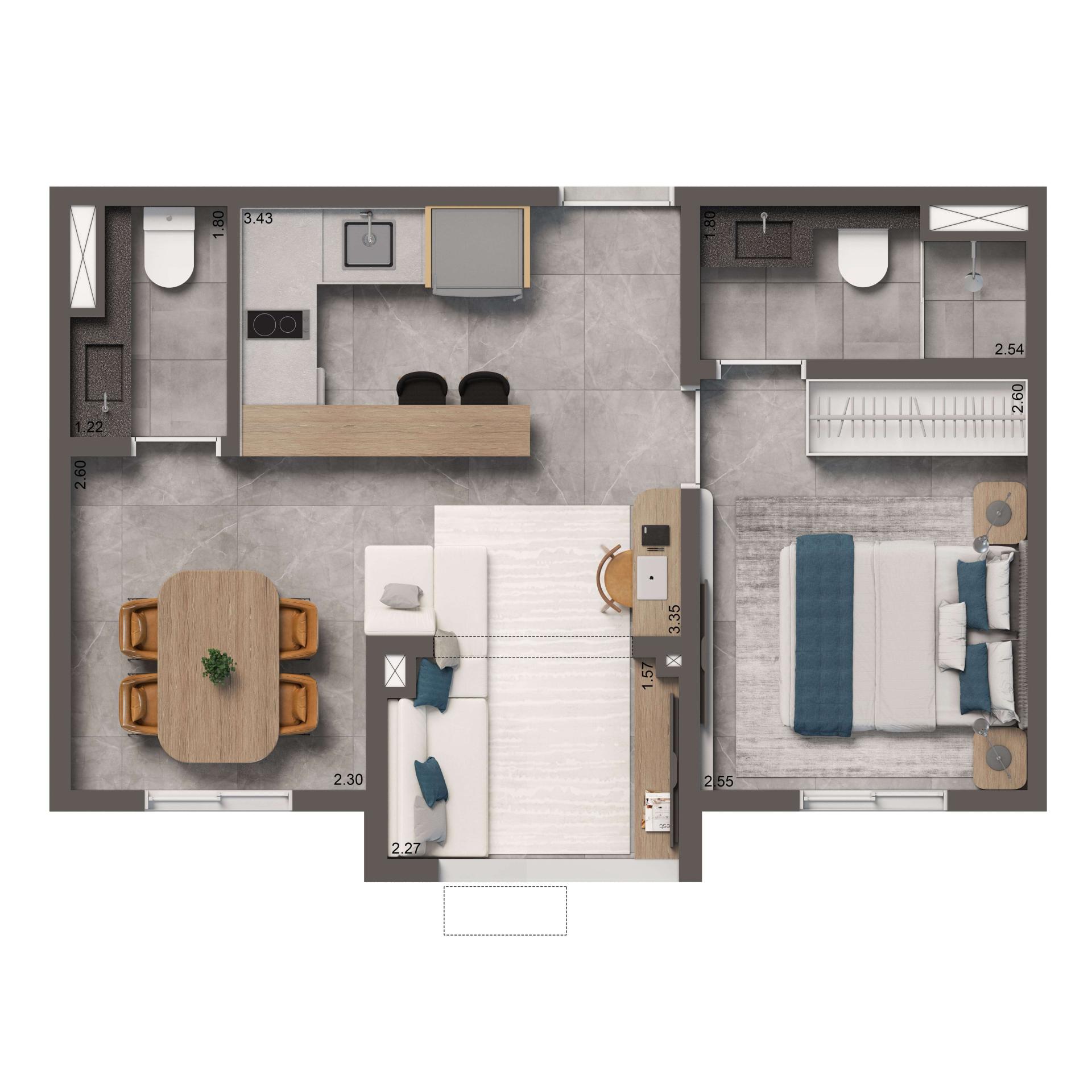 Planta Opção 38m² | 1 dorm.
