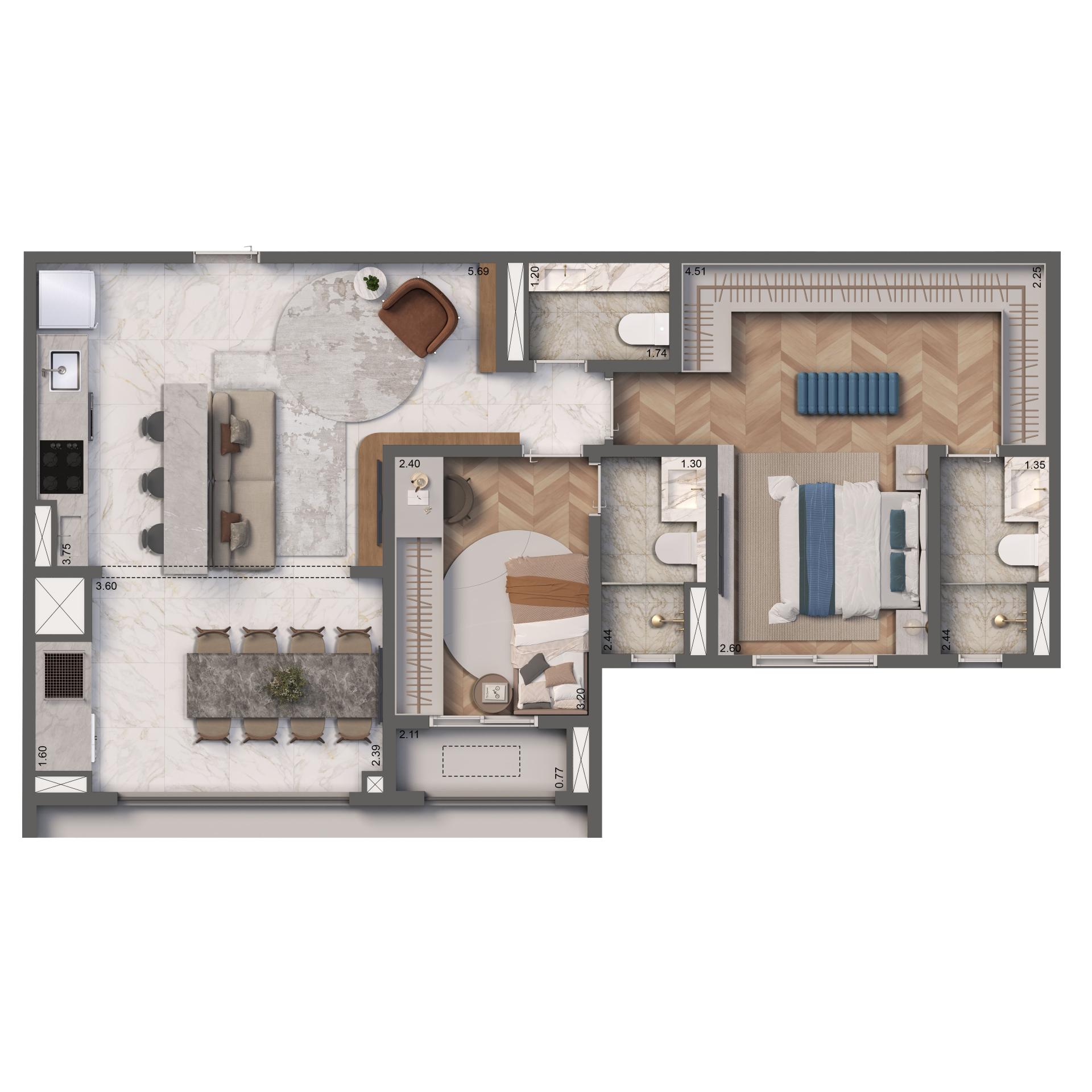 Planta Opção 76m² | 2 suítes | 1 vaga