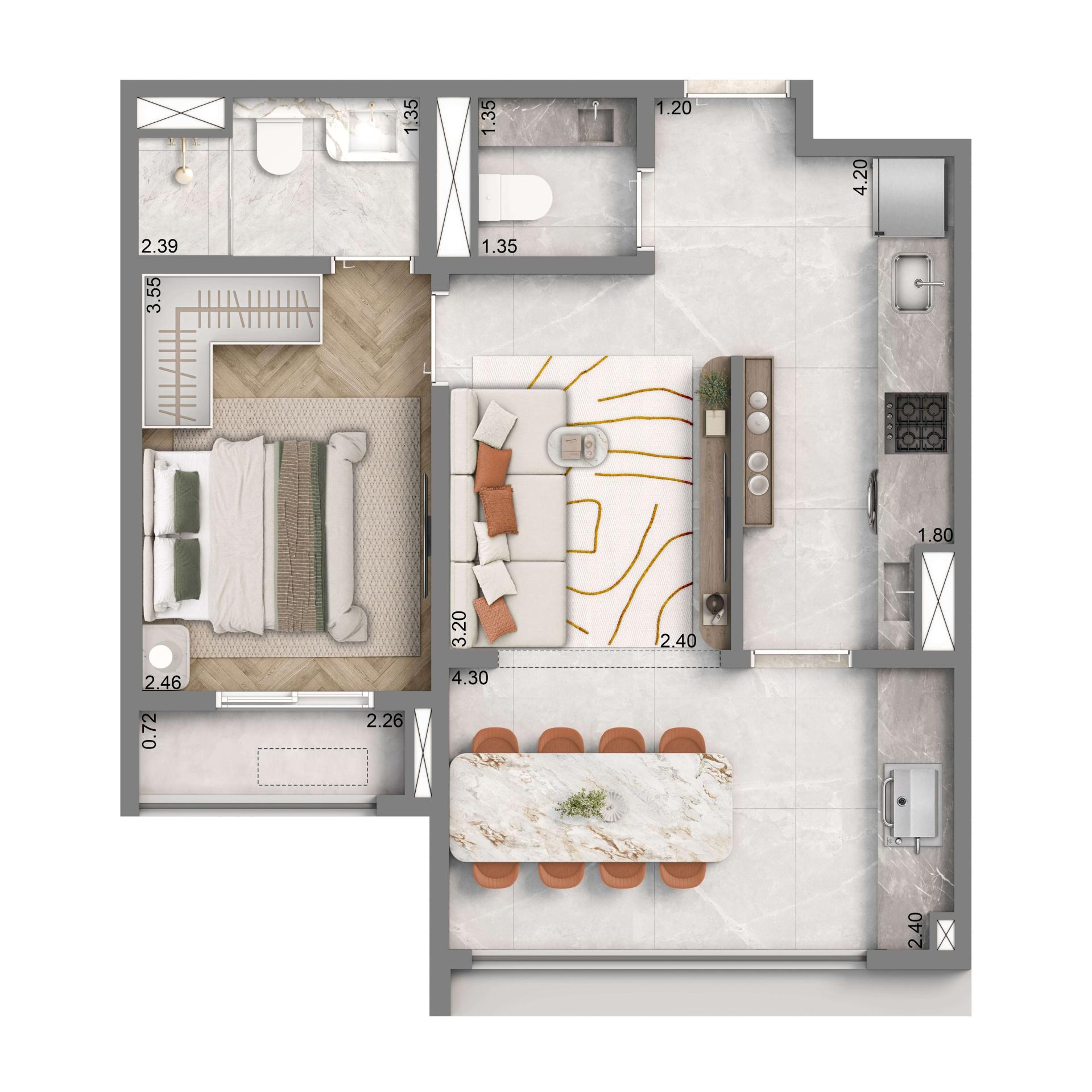 Planta Opção 48m² | 1 Suíte | 1 Vaga