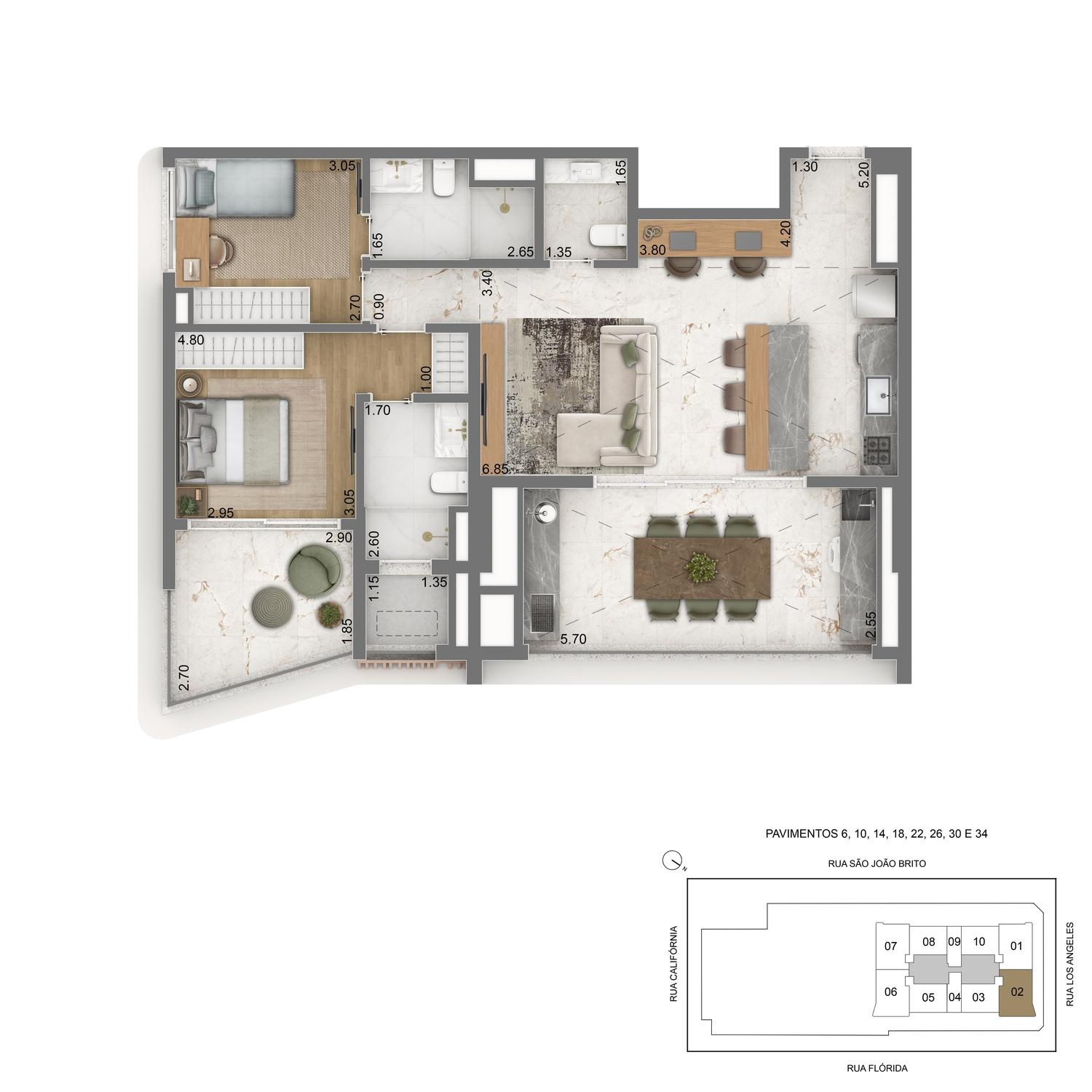 Planta Tipo 98m² - 2 suítes