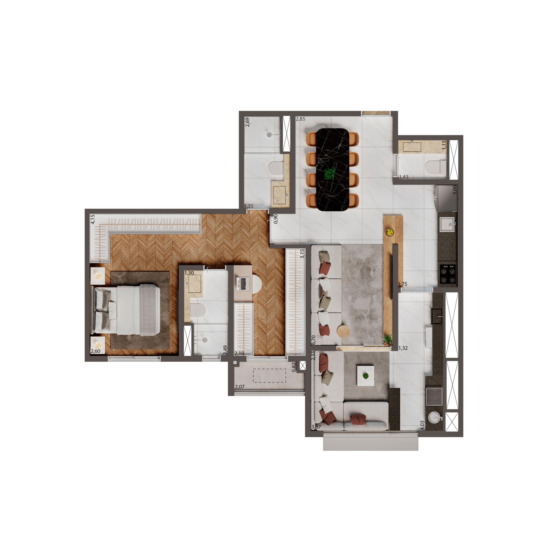 Planta Opção 2 75M² | 1 suíte 