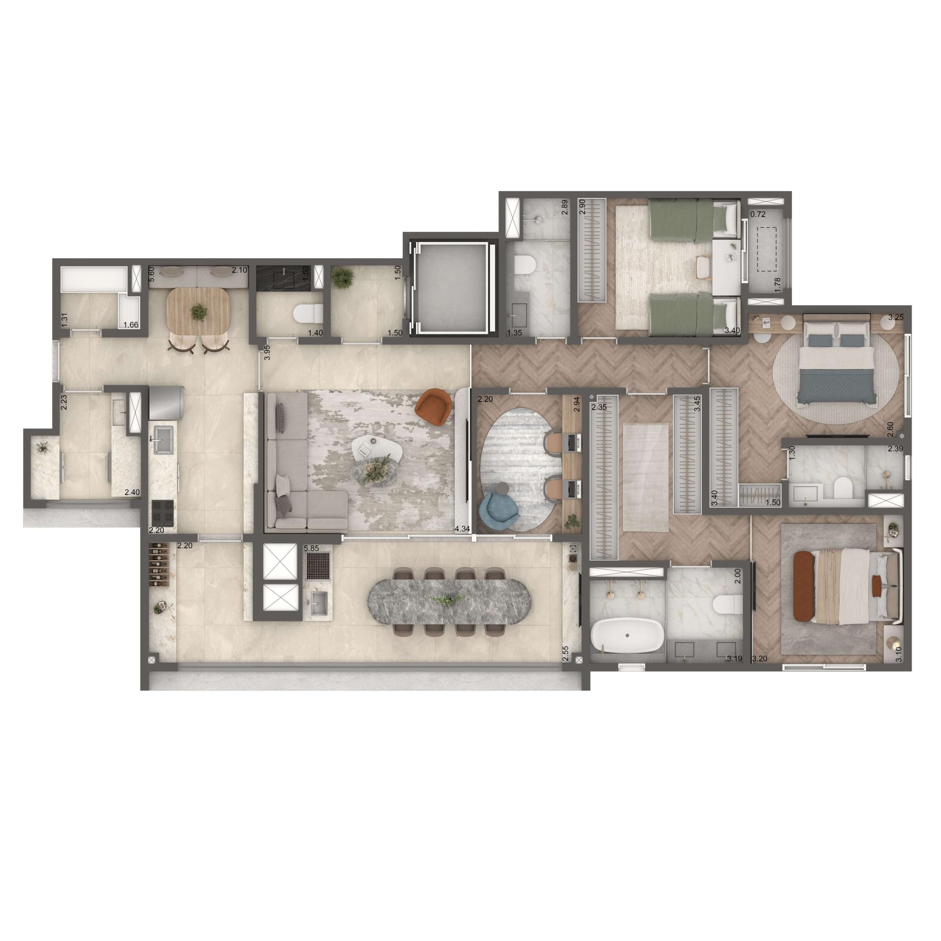 Planta Opção 149m² | 4 dormitórios | Cozinha Fechada e Despensa