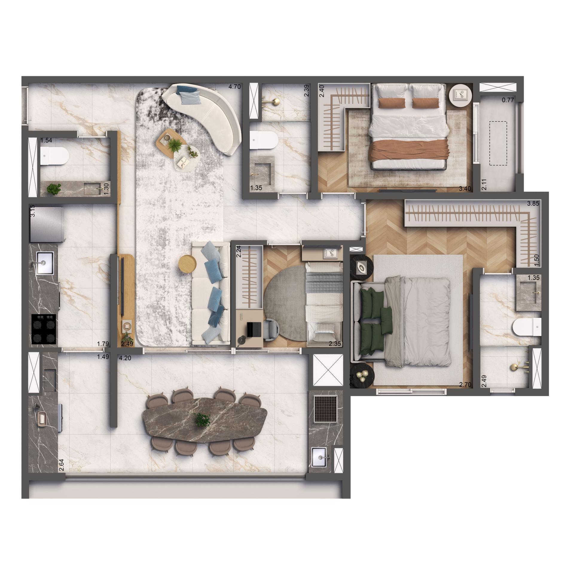 Planta Padrão 89m² | 3 dorms. | 1 suíte | 1 vaga