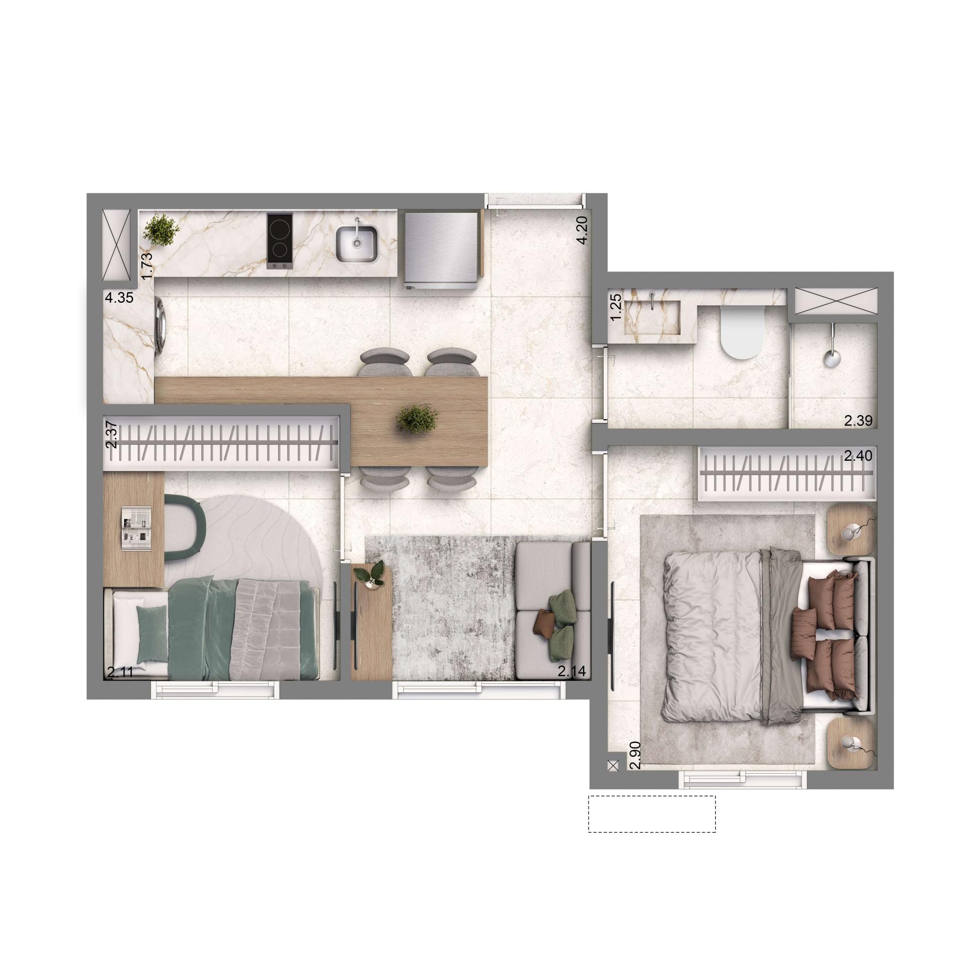 Planta Padrão 32m² | 2 Dorms. | Sem Terraço