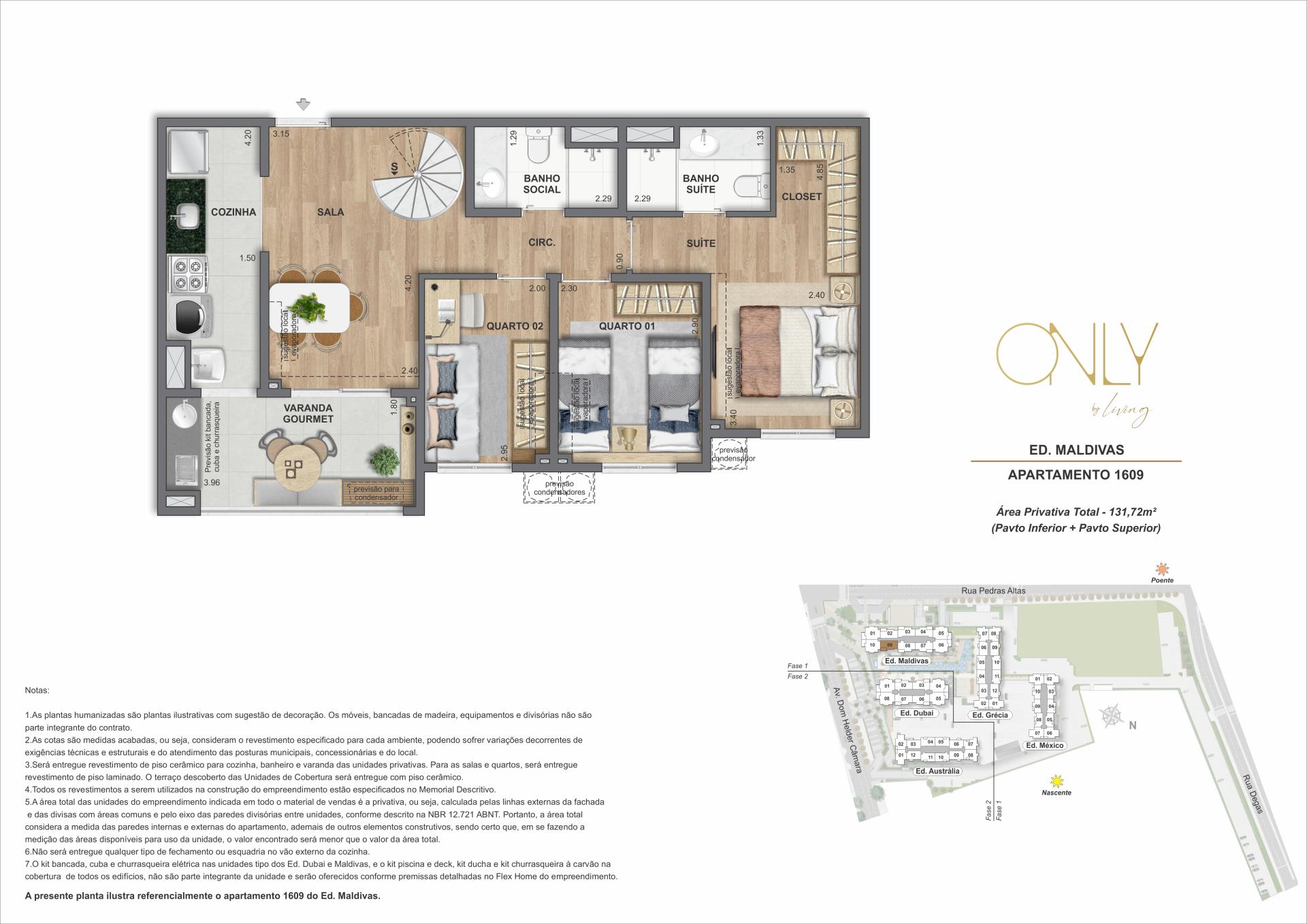 Cobertura Duplex 3 Quartos com Suíte - Pav. Inferior - Área privativa total: 131,72m²