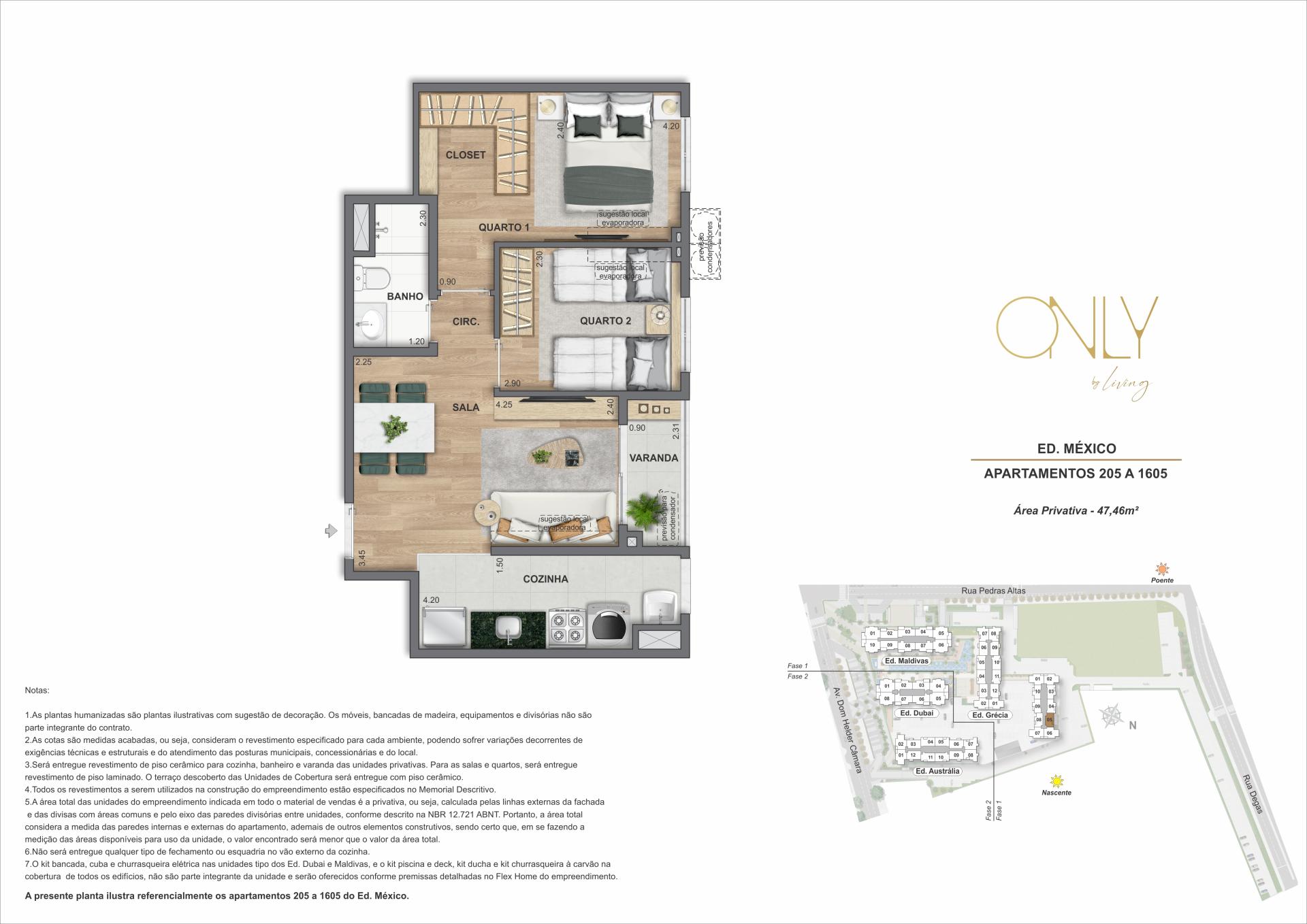 2 Quartos - Área privativa: 47,46m²