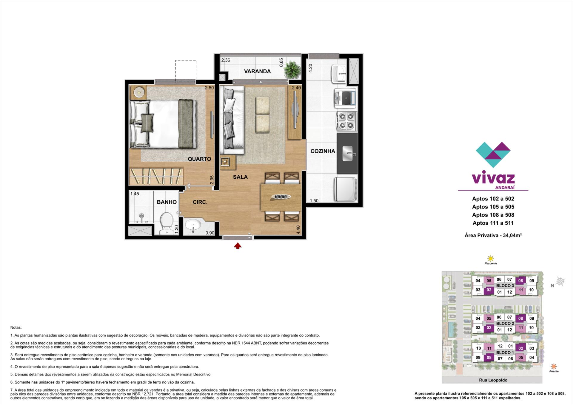Área Privativa 34,04m²