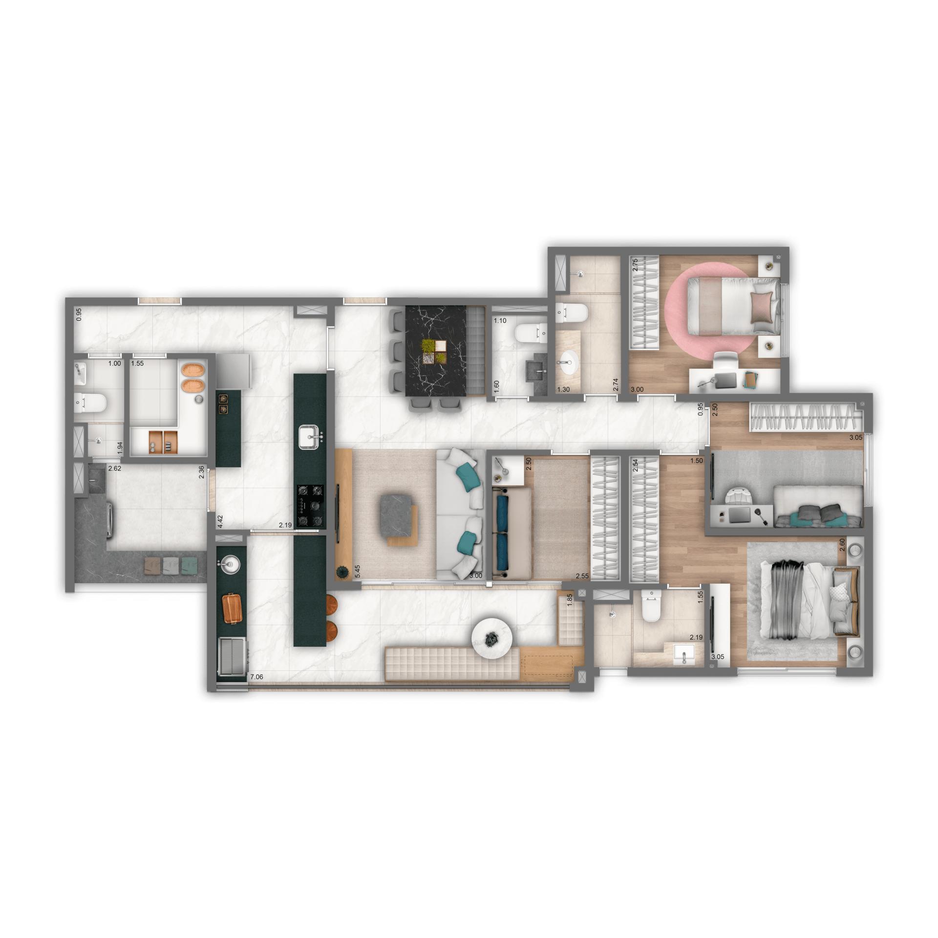 Planta Tipo 116 m² | 4 dorms. | 1 suíte