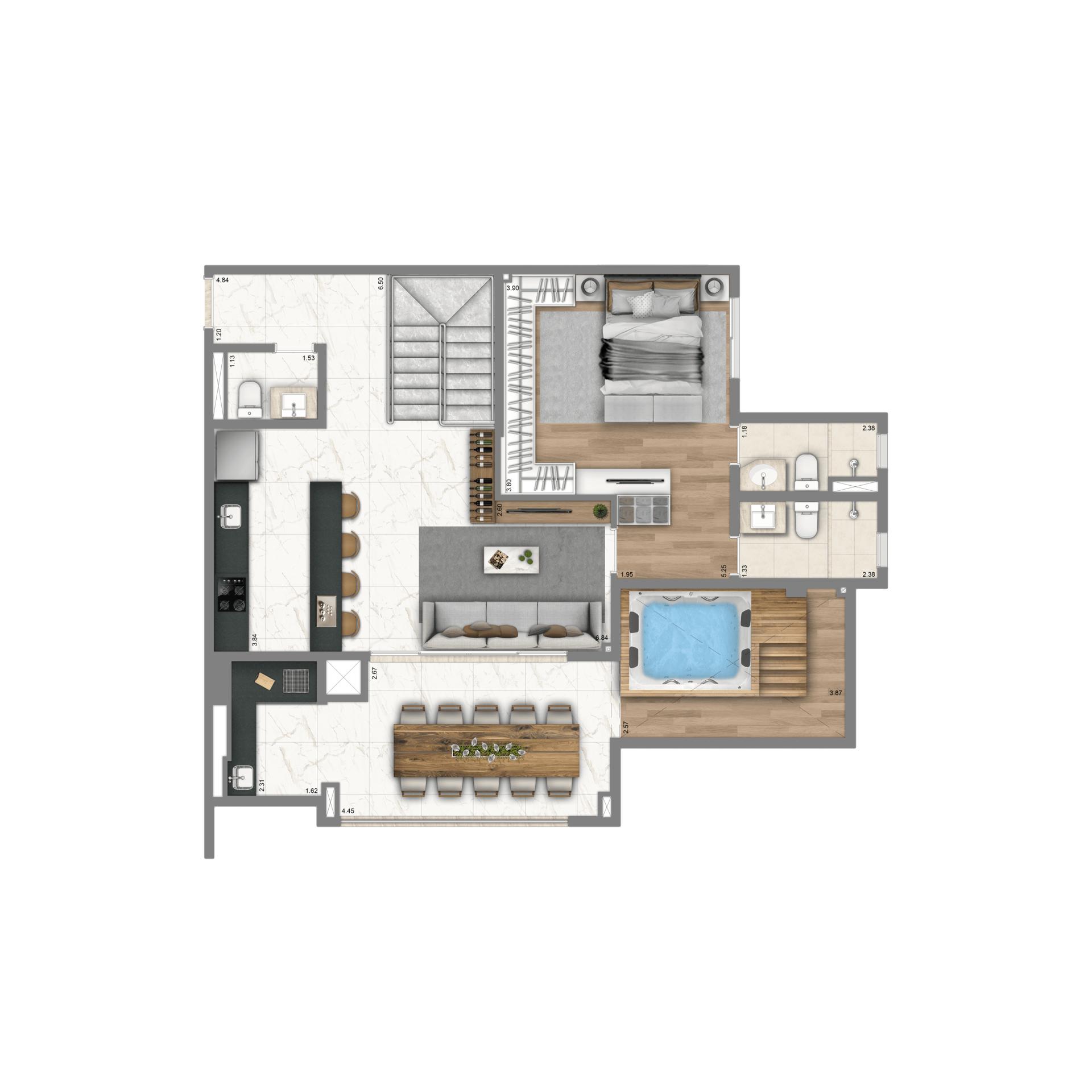 Planta-tipo Duplex 192m² | 3 suítes - Pavimento Superior