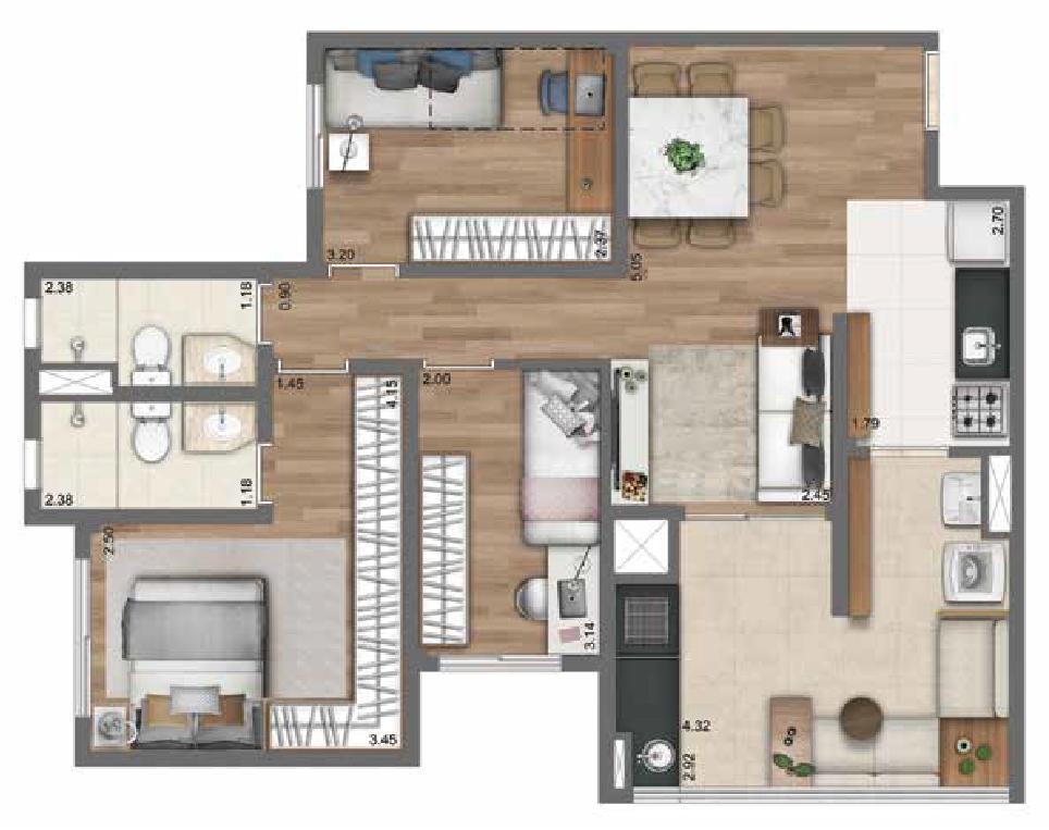 Planta Tipo 76 m² | 3 Dorms. | 1 suíte