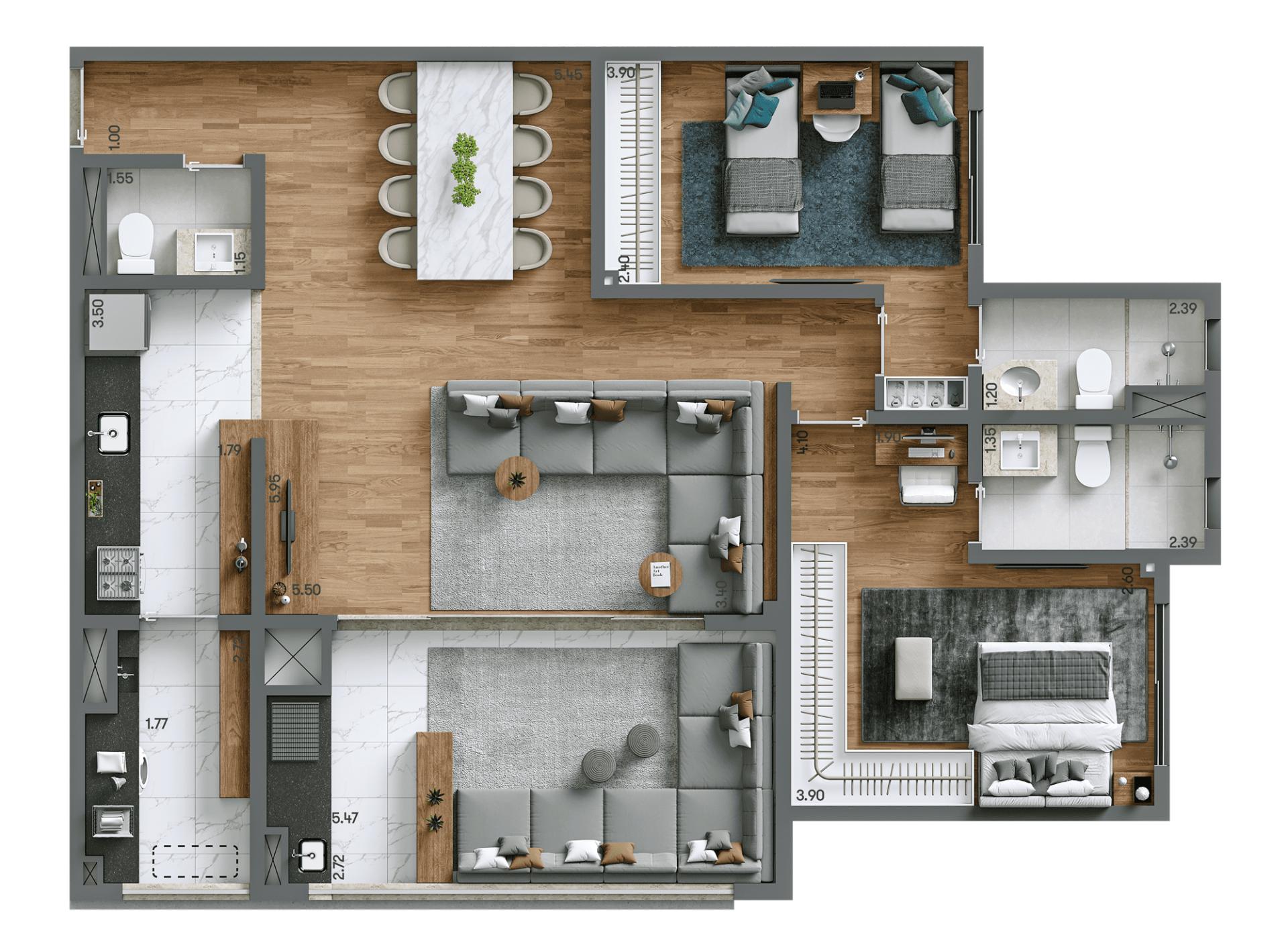 Planta Opção 98m² | 2 dorms | 2 suítes
