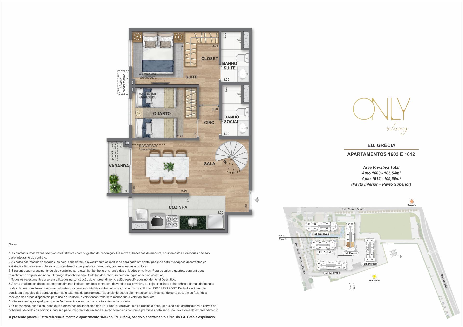 Cobertura Duplex 2 Quartos com Suíte - Pav. Inferior - Área privativa total: 105,54m² até 105,66m²