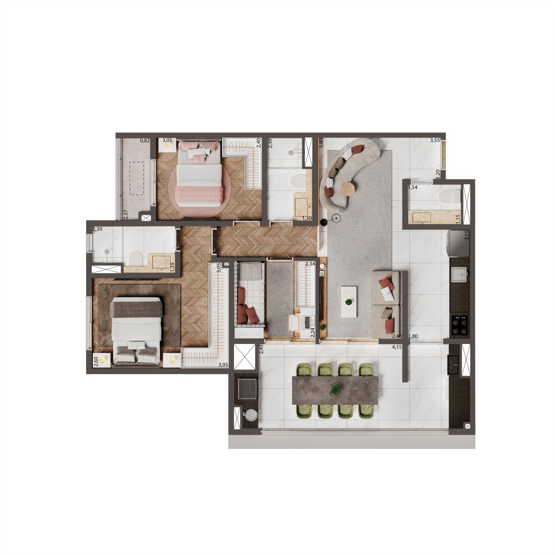 Planta Tipo Padrão 84M² | 3 dorms. | 1 suíte