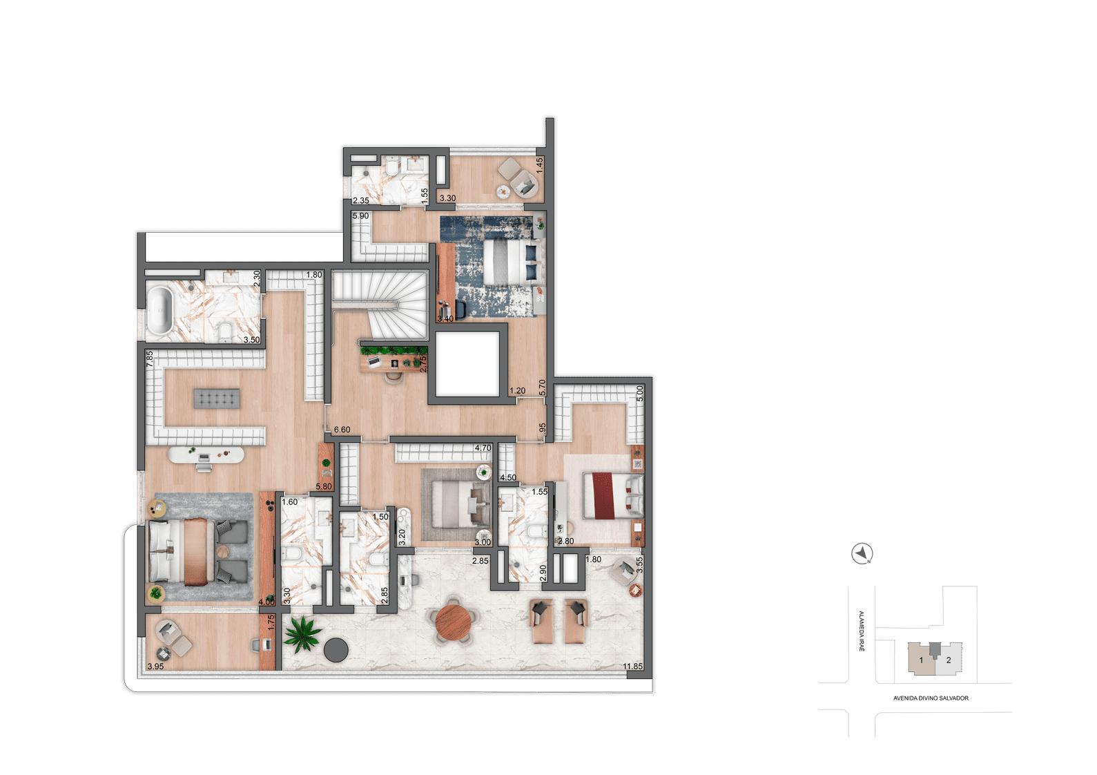 Planta Duplex Superior 452 m² | 4 Suítes