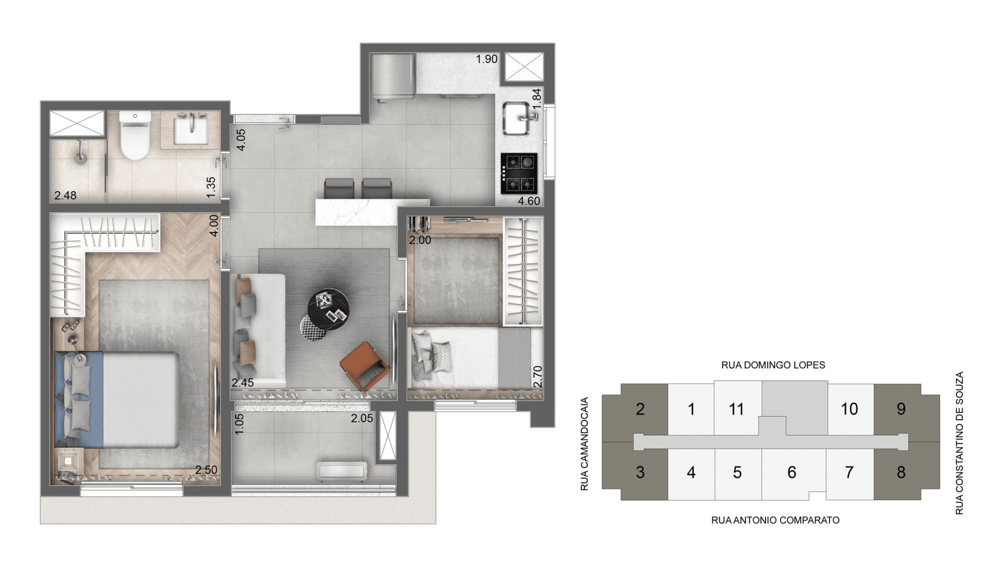 Planta-Tipo 42m² | 1 dorm