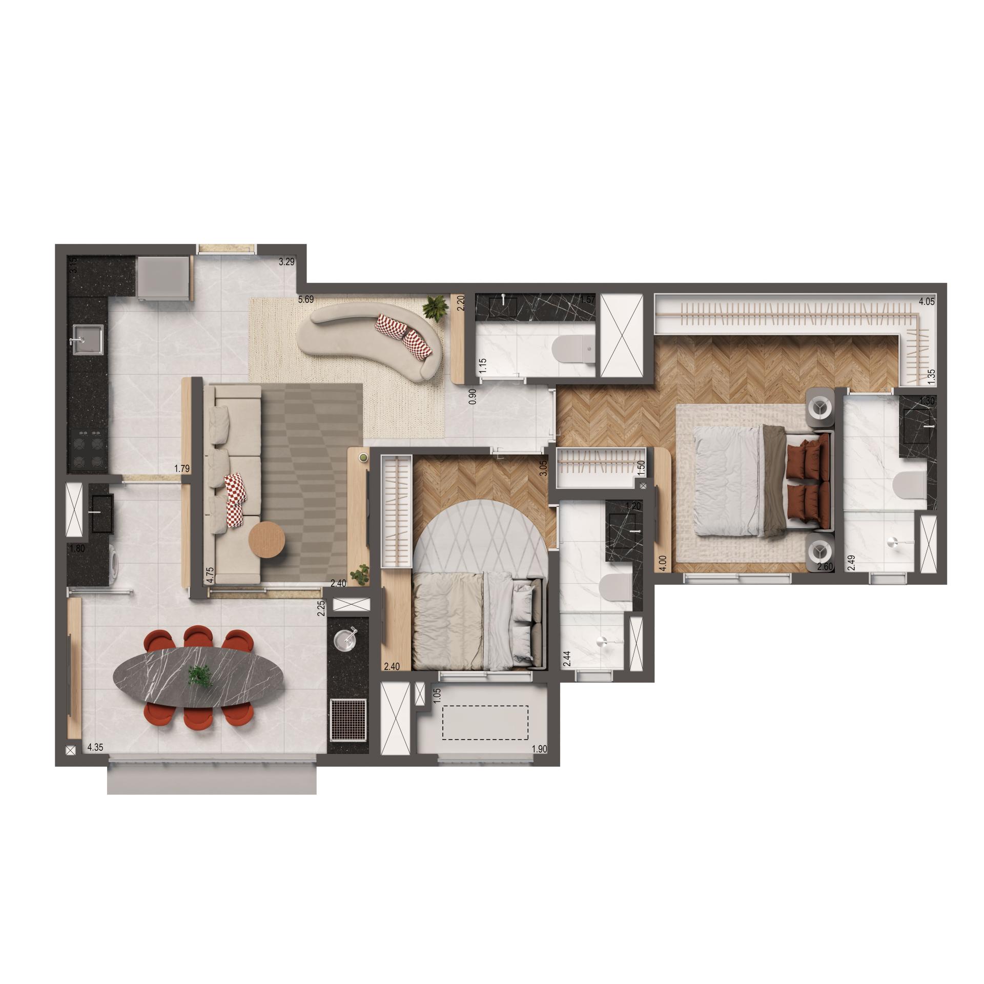 Planta Opção 74m² | 2 suítes