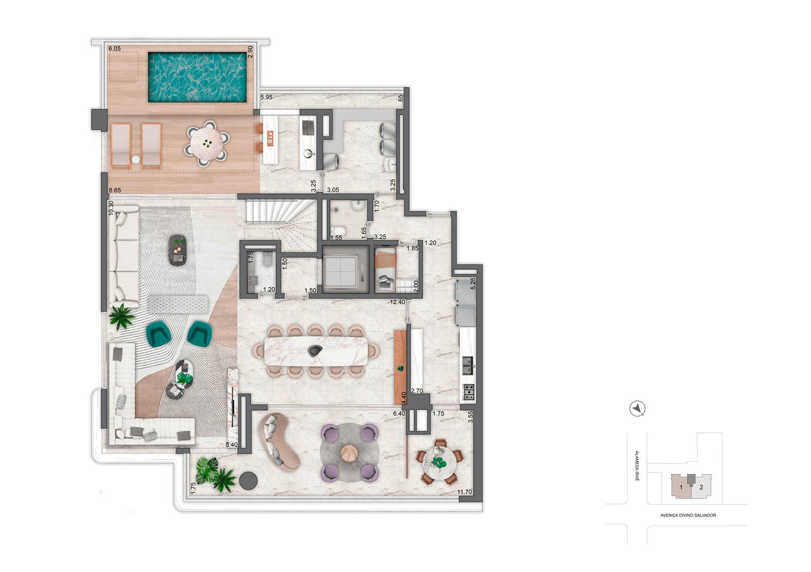 Planta Duplex Inferior 452 m² | 4 Suítes