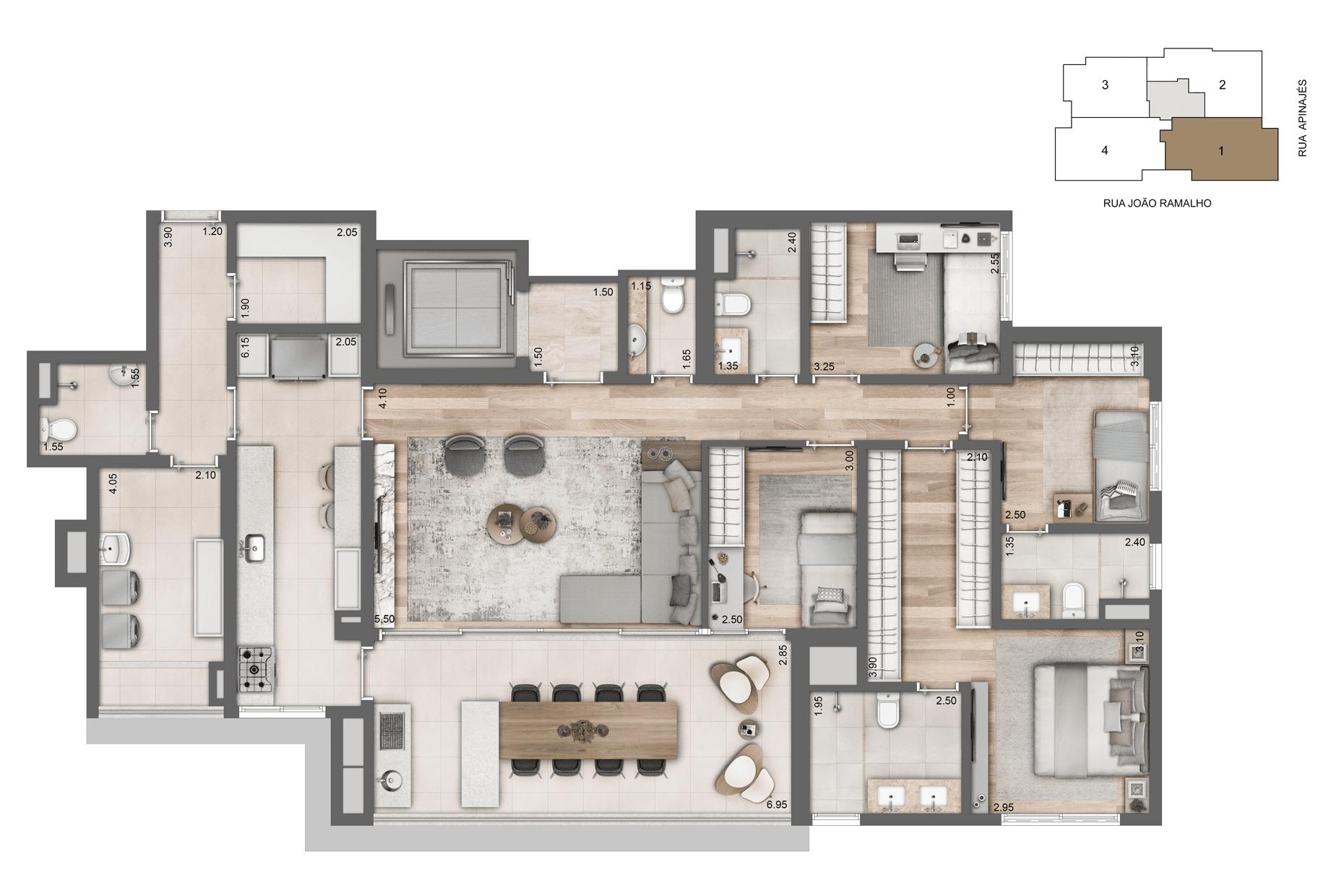 Planta Tipo 162,50 m² I 04 Dorms I 2 suítes 