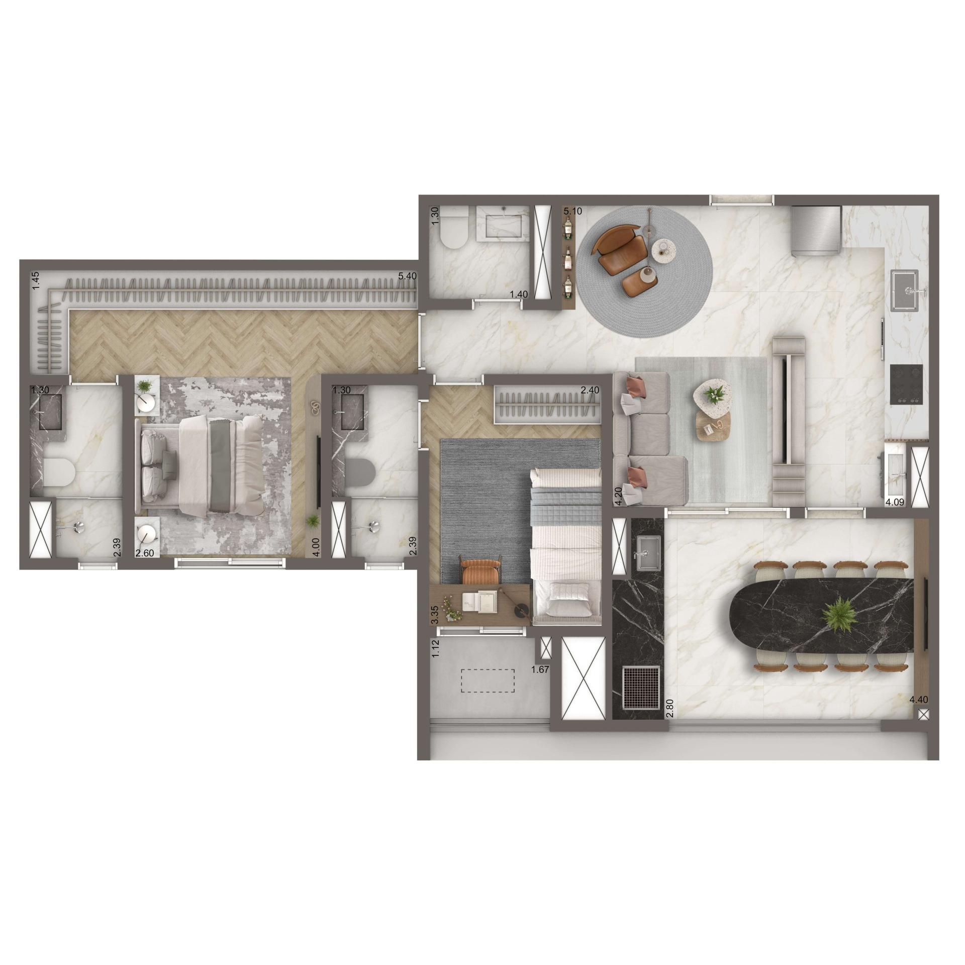 Planta Opção 75m² | 2 suítes | Cozinha Integrada | 1 vaga