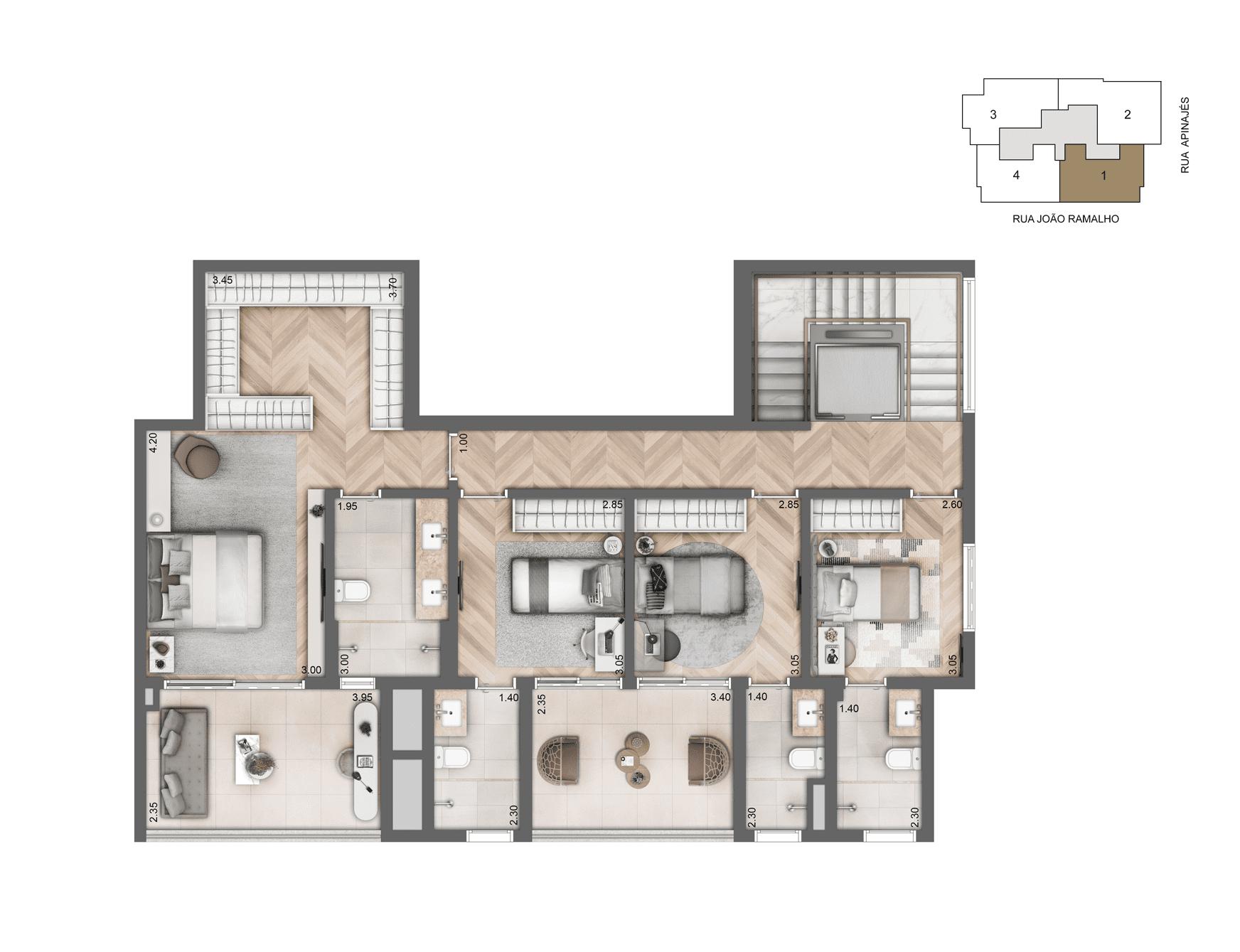 Planta Duplex 285,50 m² I 04 Suítes  I Pavimento Superior