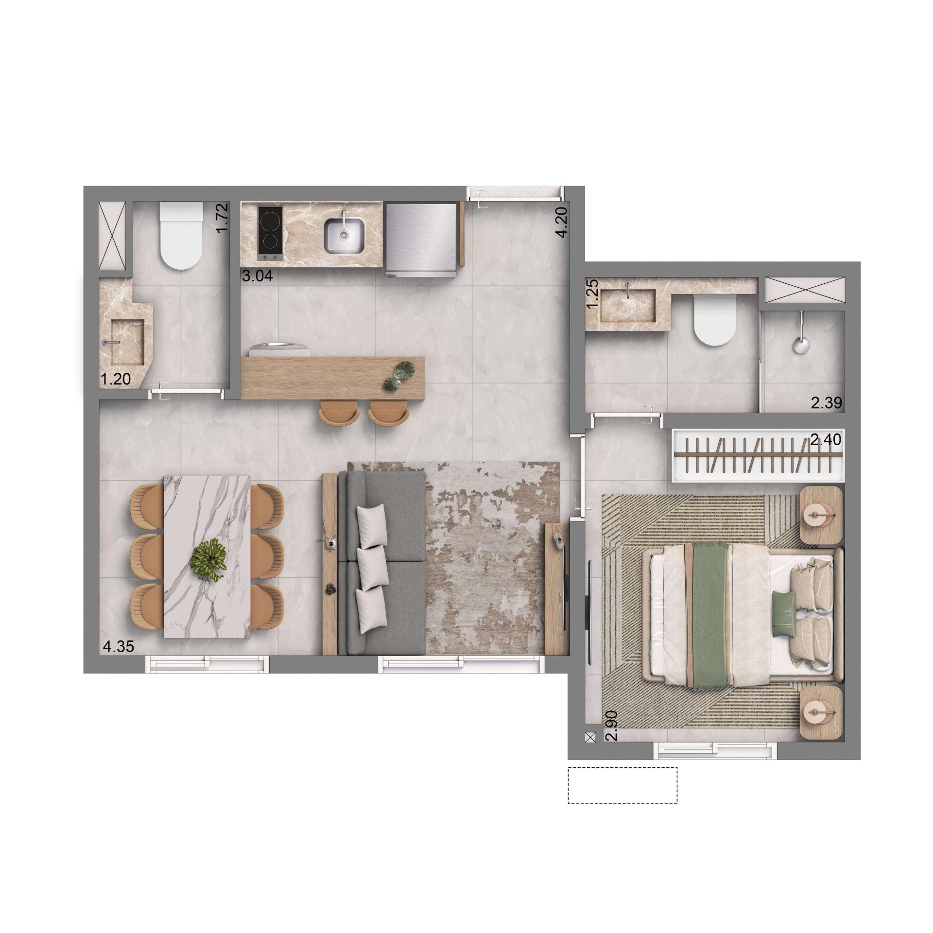 Planta Opção 32m² | 1 Suíte C/ Lavabo | Sem Terraço