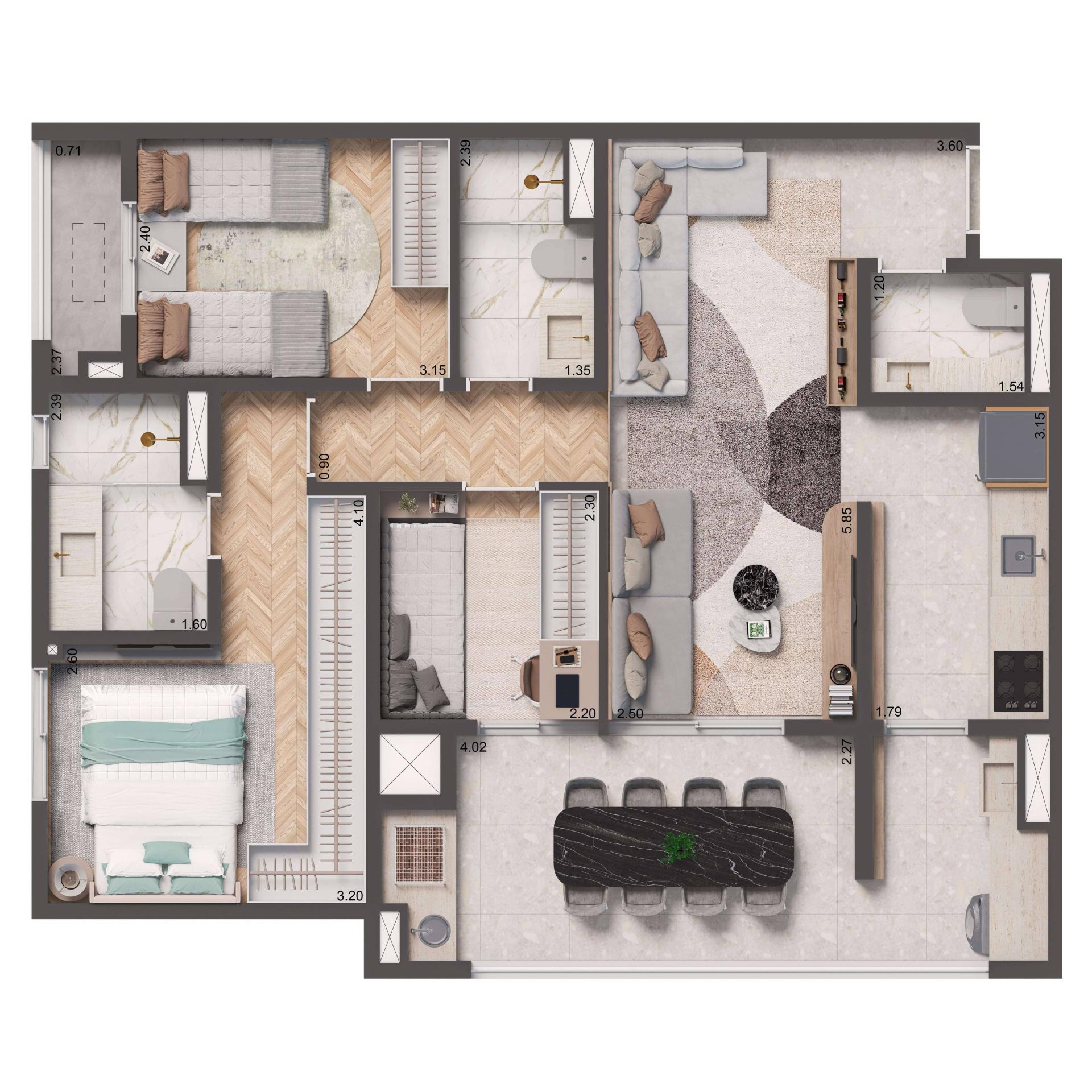 Planta Opção 84m² | 2 suítes