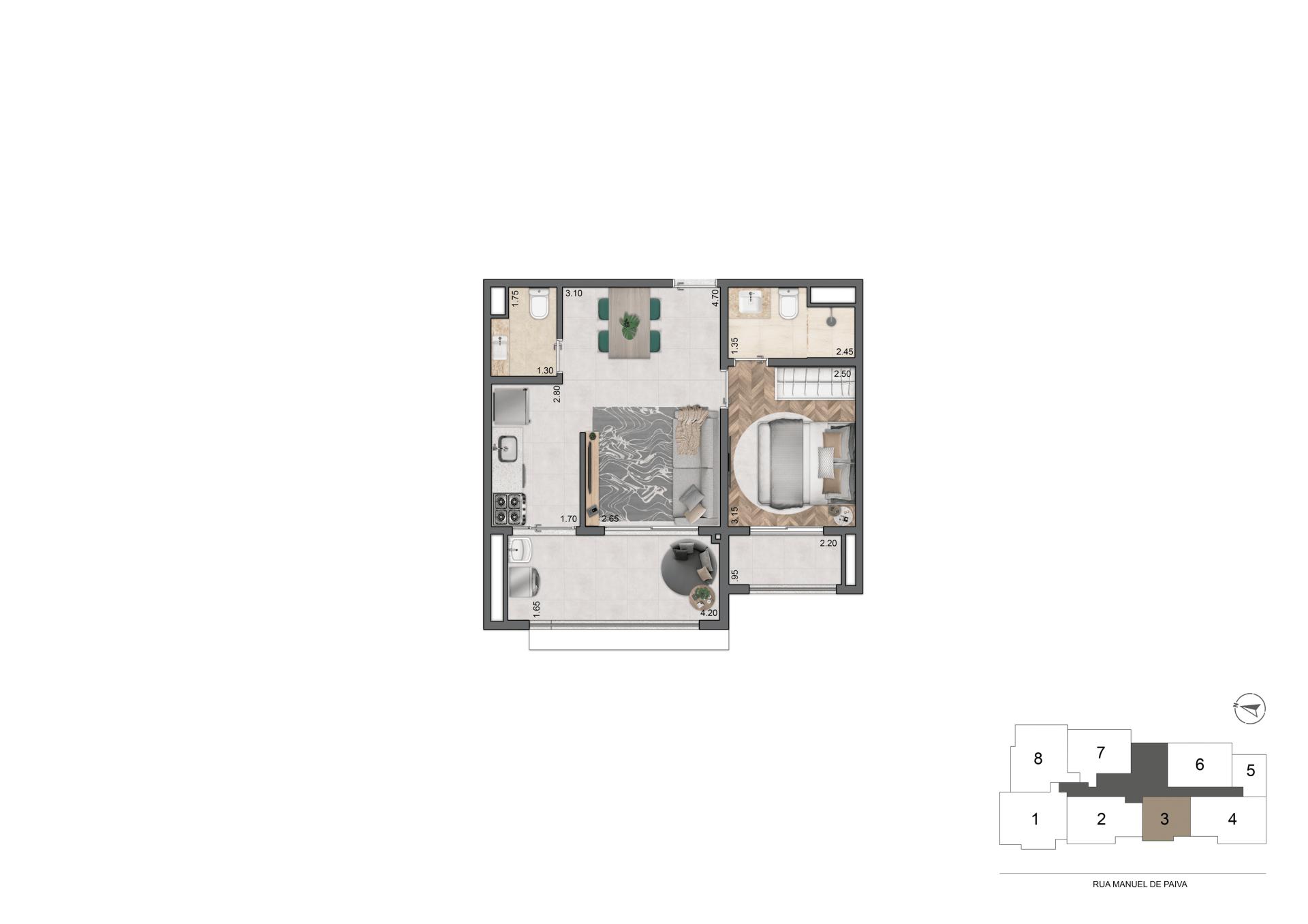 Planta Padrão 47 m²  | 1 Suíte
