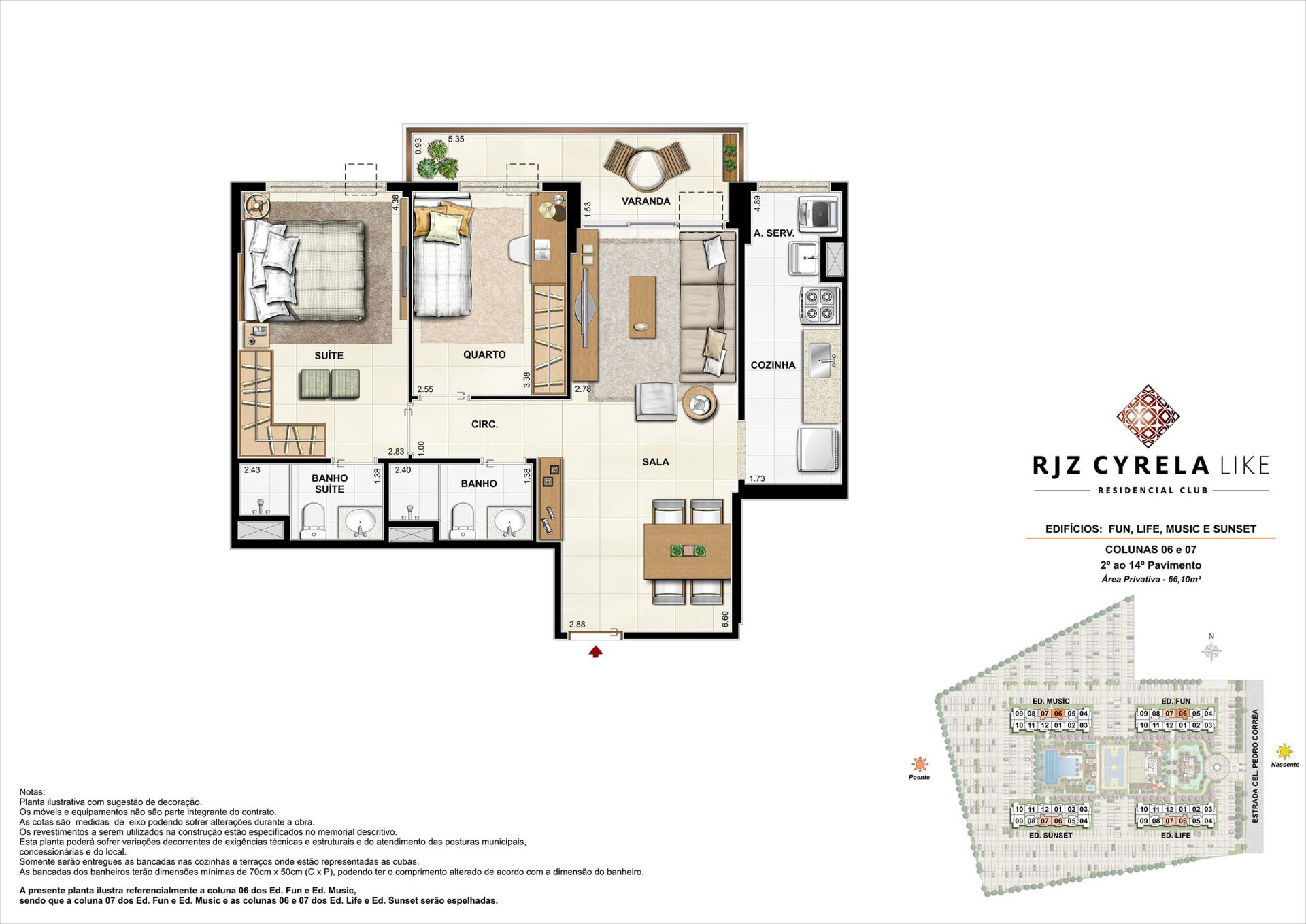 Apartamentos Tipo de 2 quartos do 2º ao 14º Pavimento. Área Privativa Colunas 06 e 07 - 66,10m