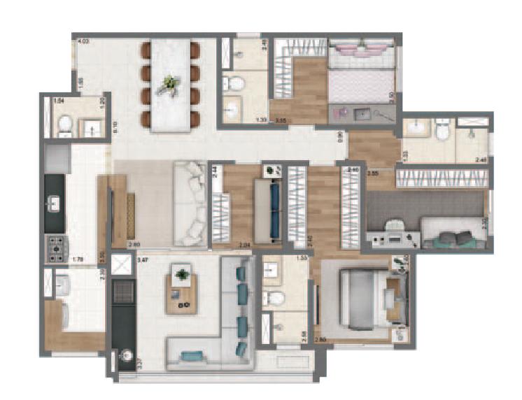 Planta Tipo 110m² | 4 Dorms. | 2 suítes