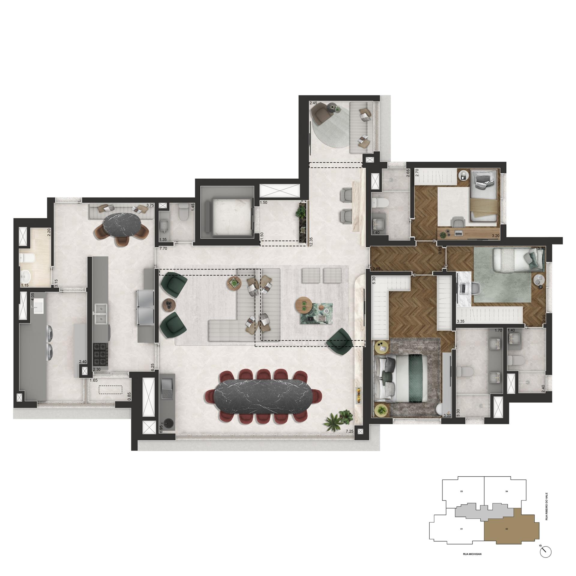 Planta Opção 3 Suítes | 178m²