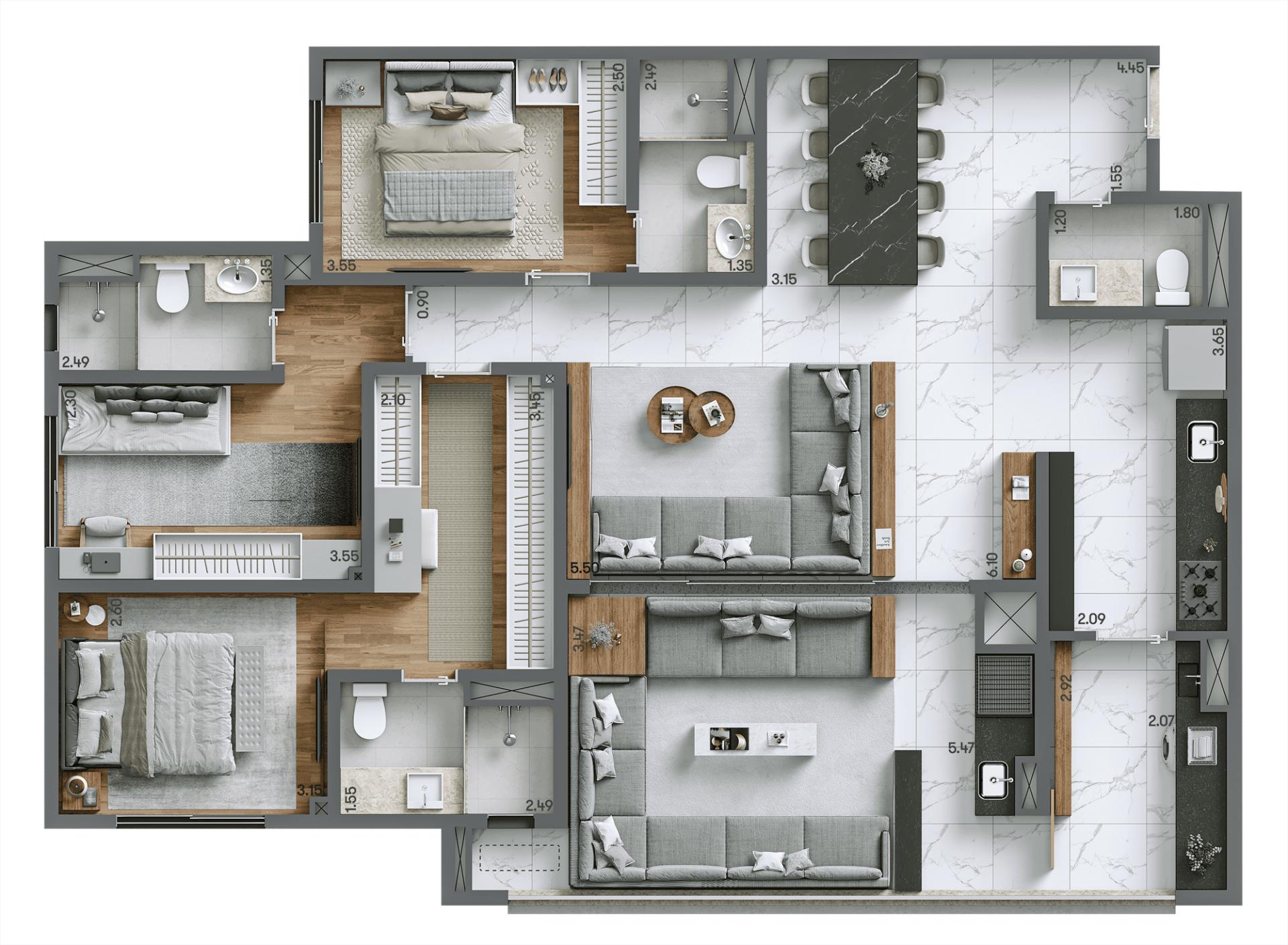 Planta Tipo 125m² | 3 dorms. | 3 suítes