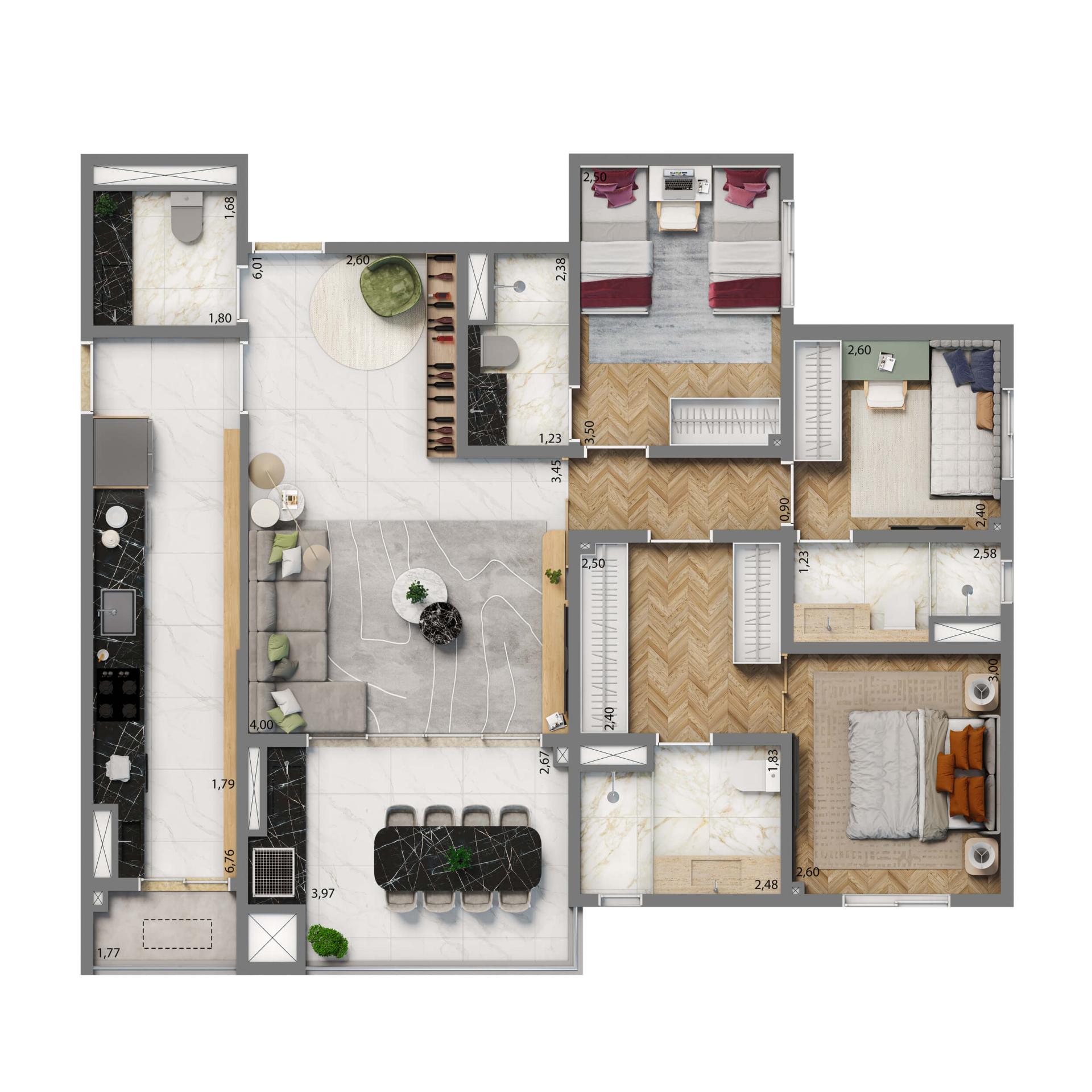 Planta Opção 102m² | 3 suítes