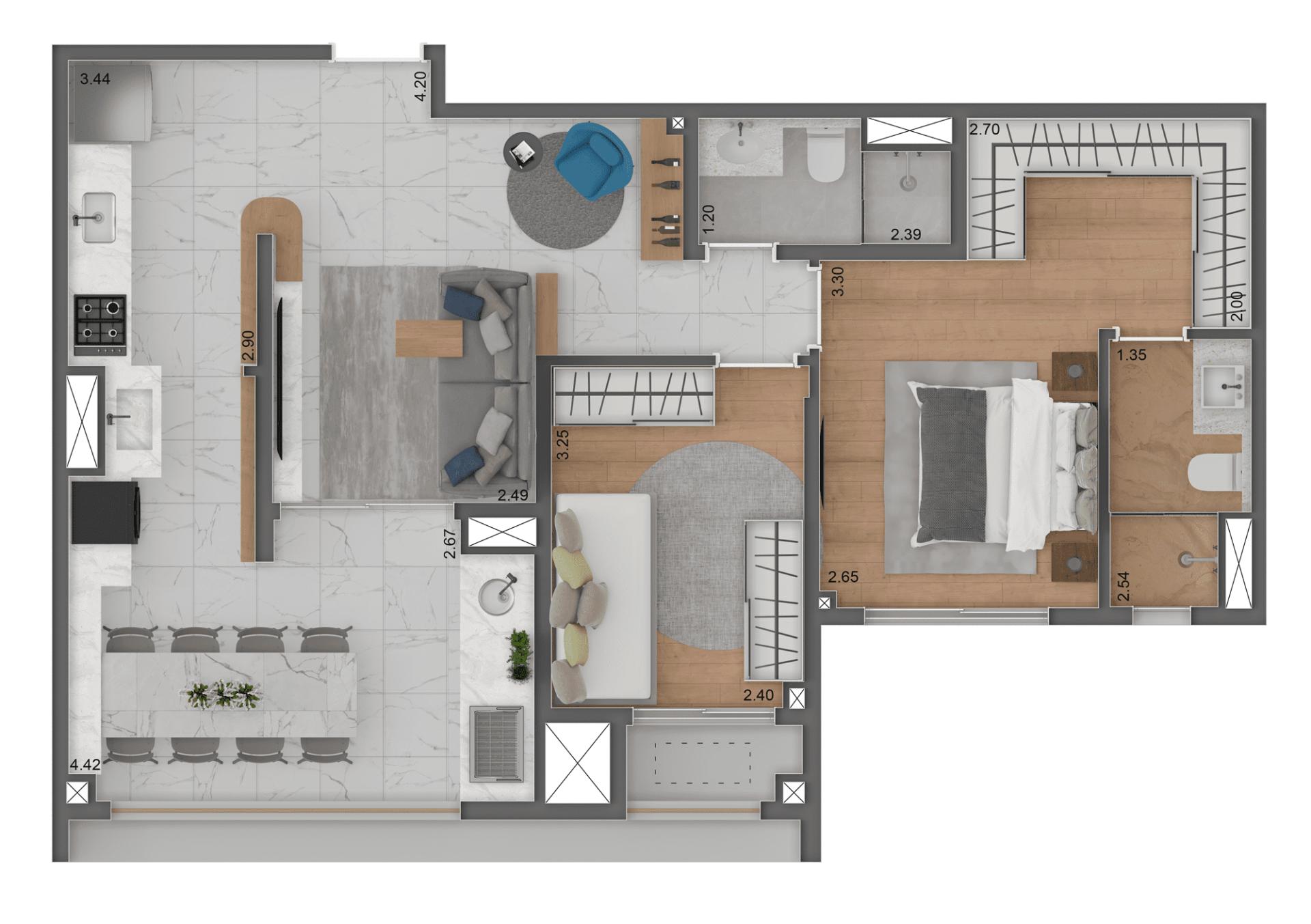 Planta Tipo 71 m² | 2 dorms. |1 suíte
