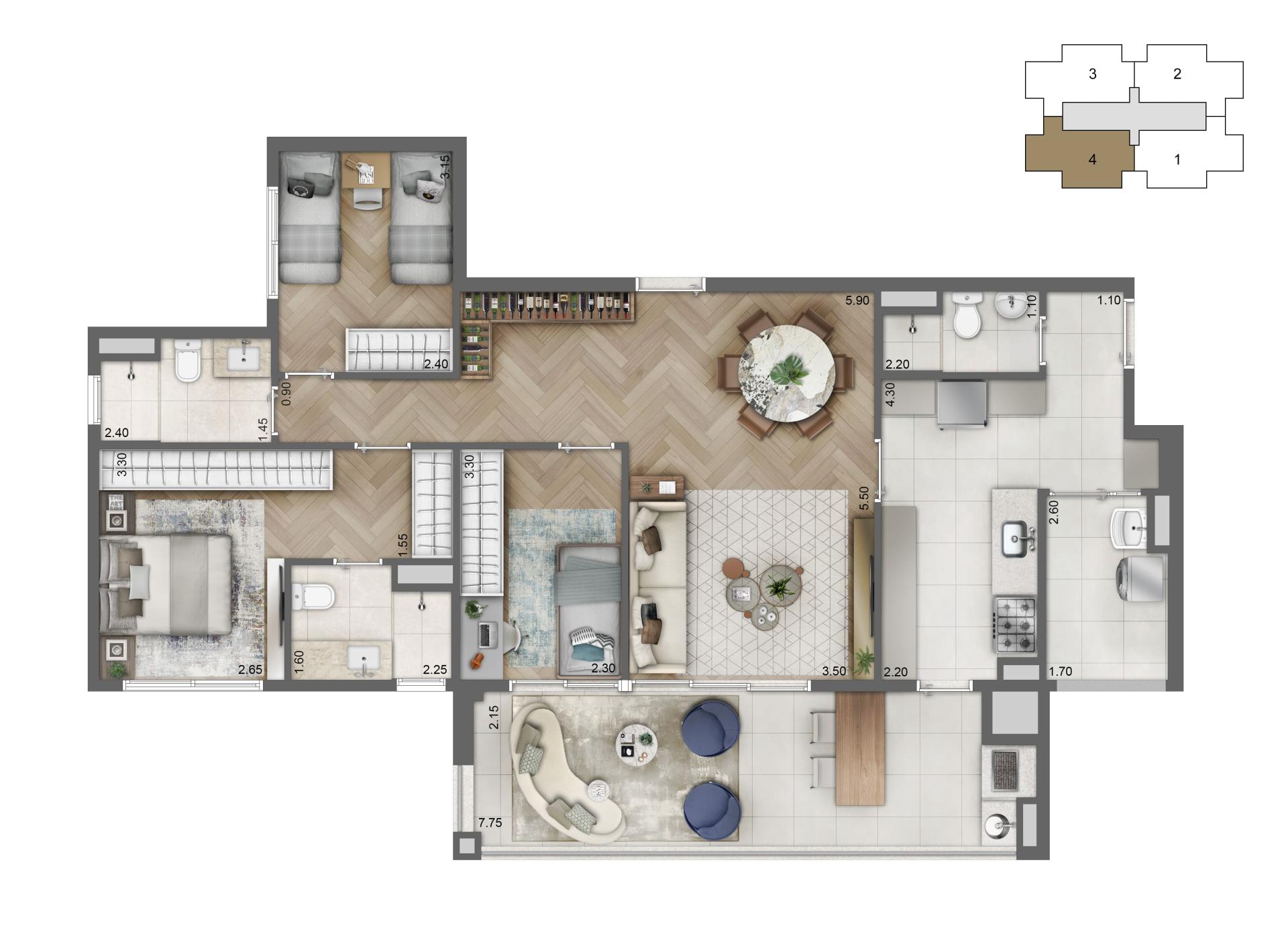 Planta-tipo 113 m² | 3 Dorms. (1 suítes)