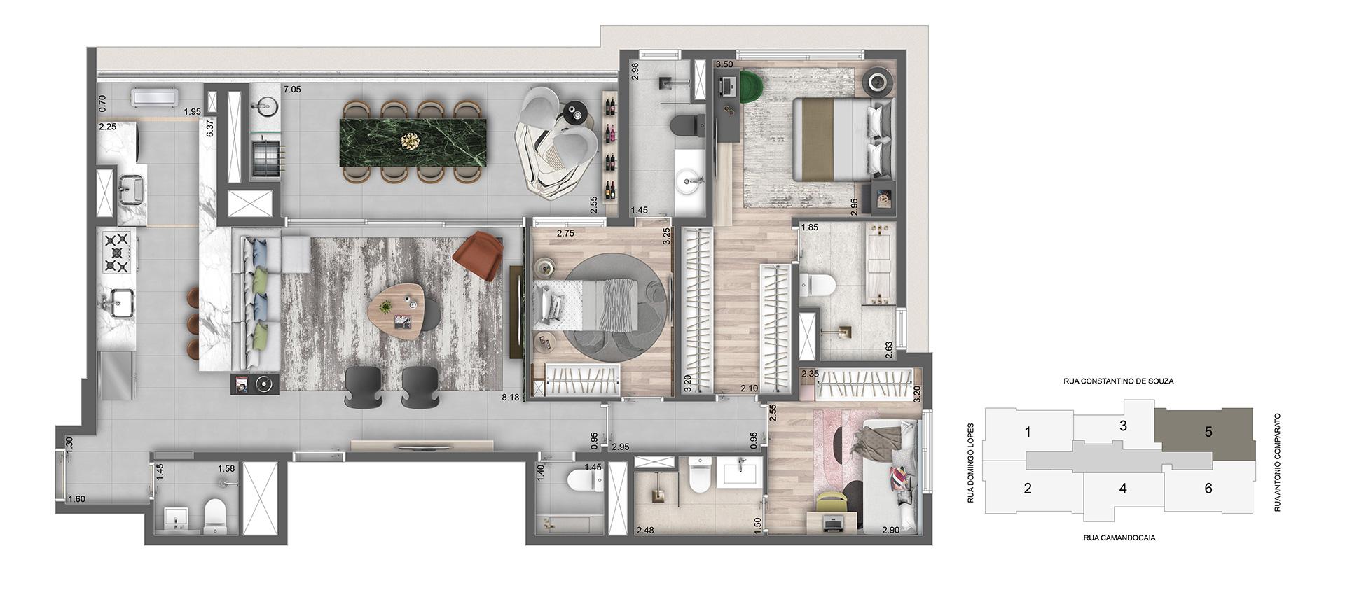 Planta Opção 135m² | 3 dorms (1 suíte)