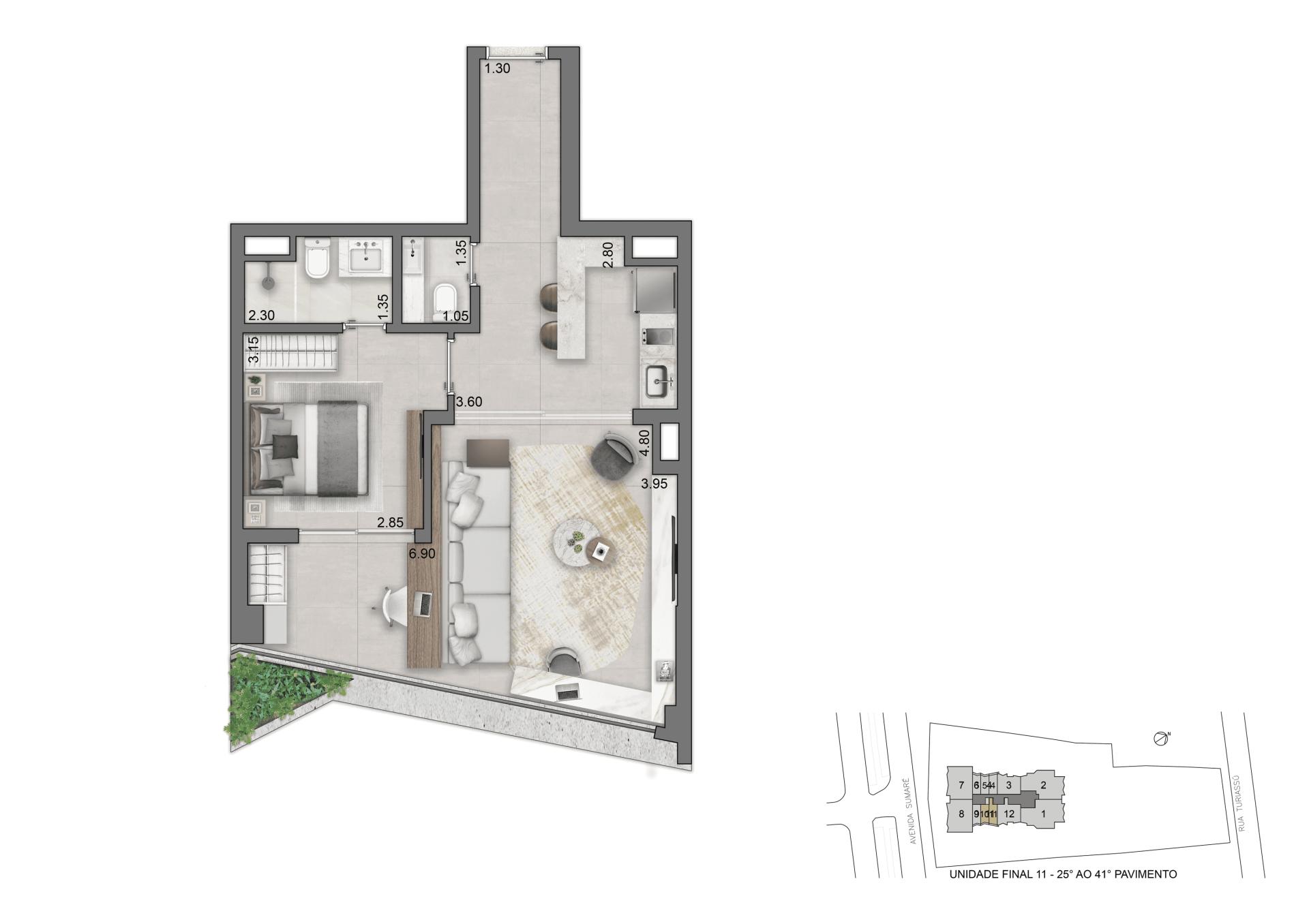 Planta-tipo 61 m² | 1 Suíte