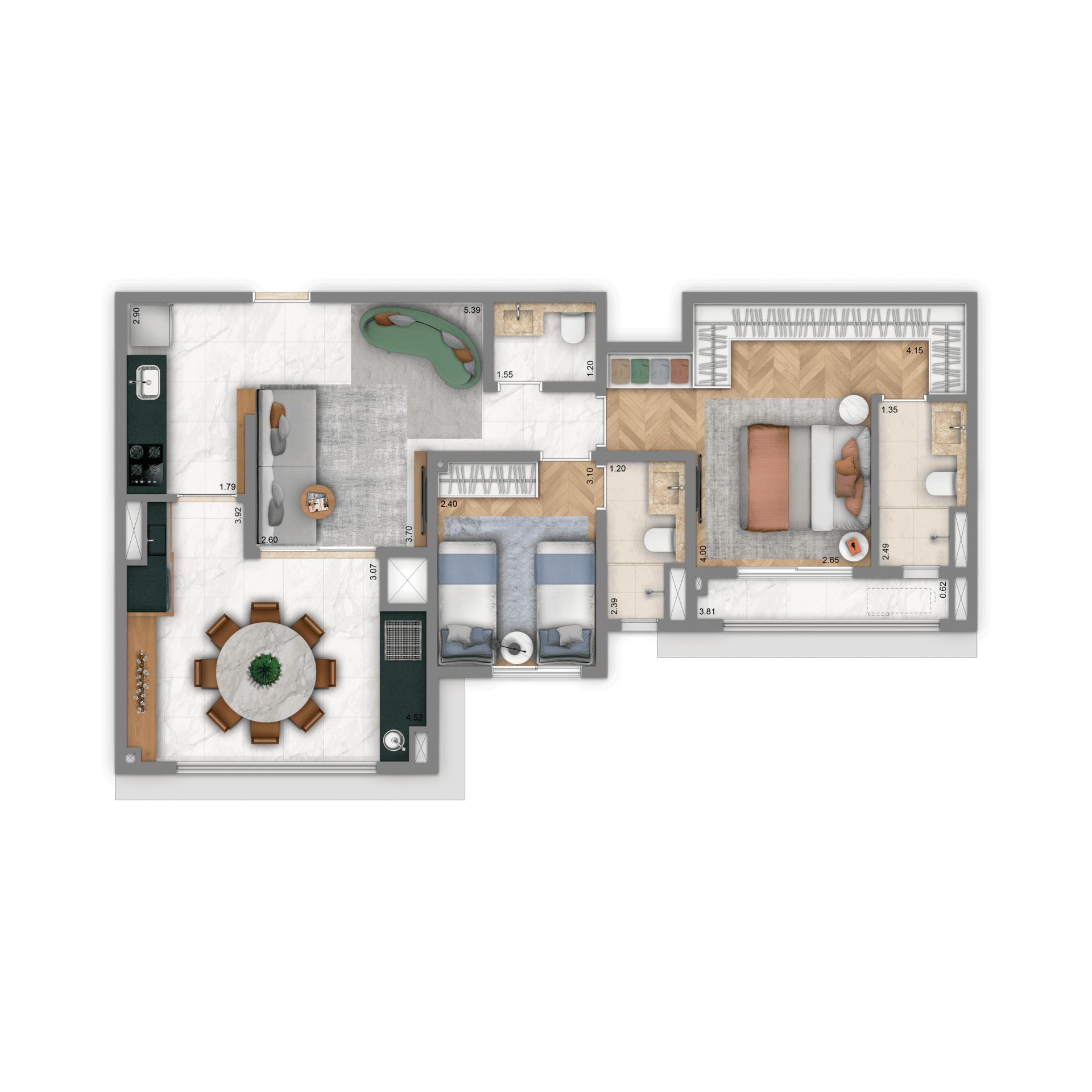 Planta-tipo 75 m² | 2 suítes