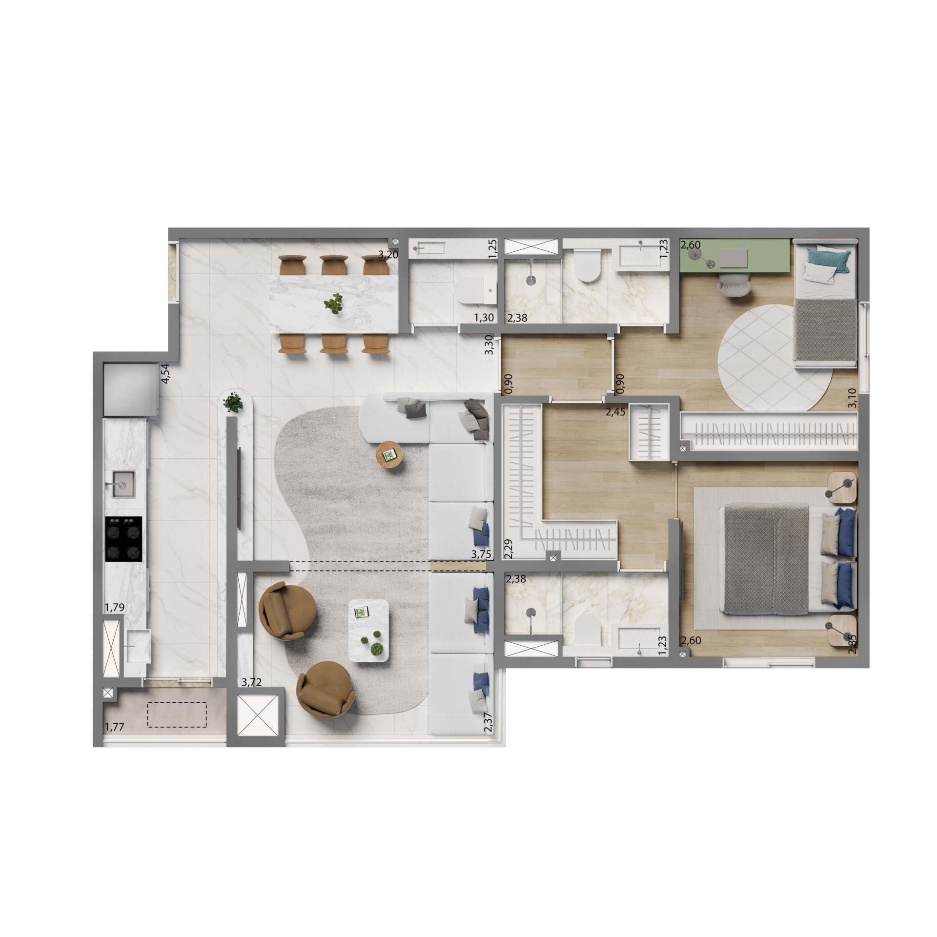 Planta Padrão 74m² | 2 suítes 