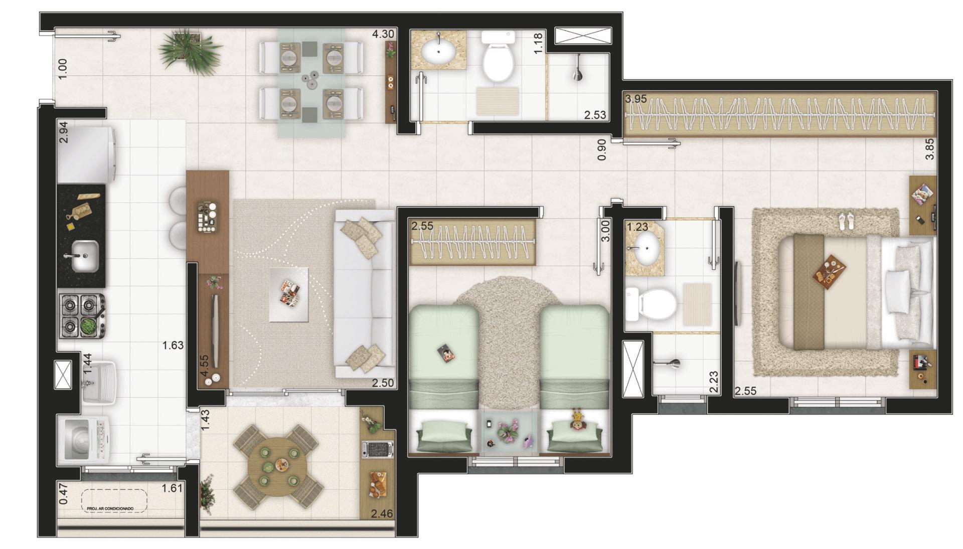 Planta-tipo 62 m² | 2 Dorms (1 suíte)