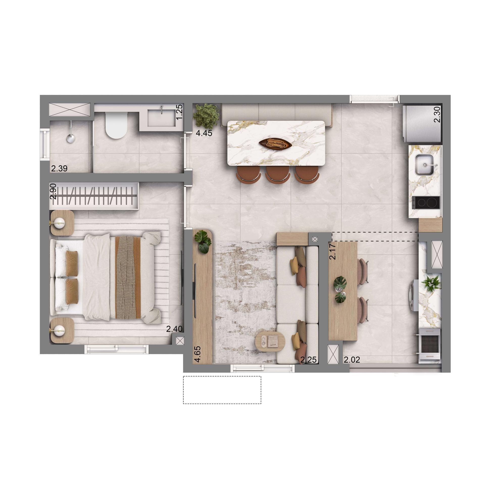 Planta Opção 34m² | 1 Dorm. | Com Terraço