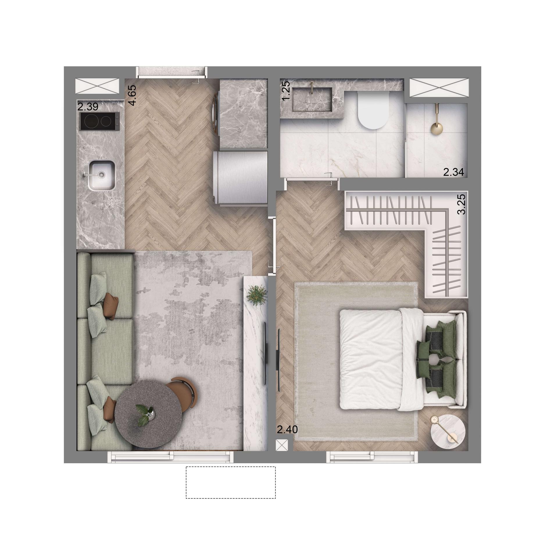 Planta Opção 24m² | 1 Dorm. | Sem Terraço